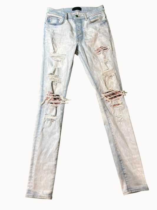 Amiri Black Pink Patch Light Wash Jeans