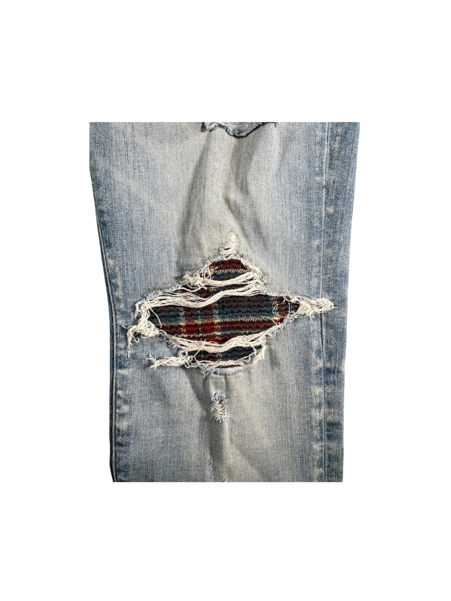 Amiri MX1 Plaid Patch Light Wash, Blue & Burgundy Jeans