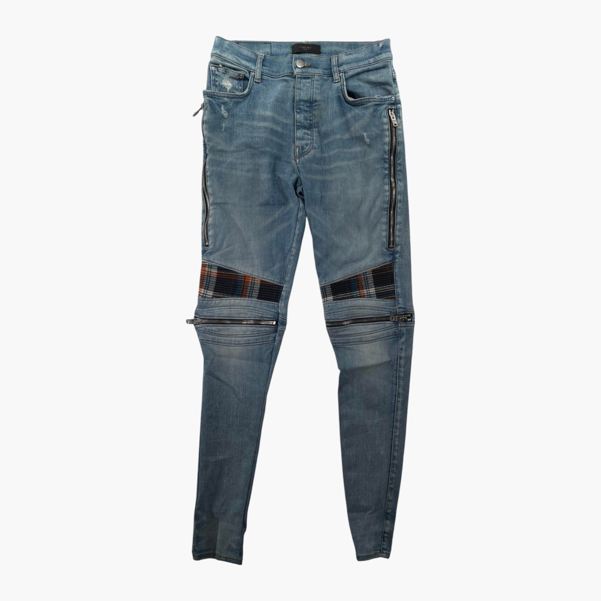 Amiri MX2 Plaid Patch Light Indigo, Blue & Orange Jeans