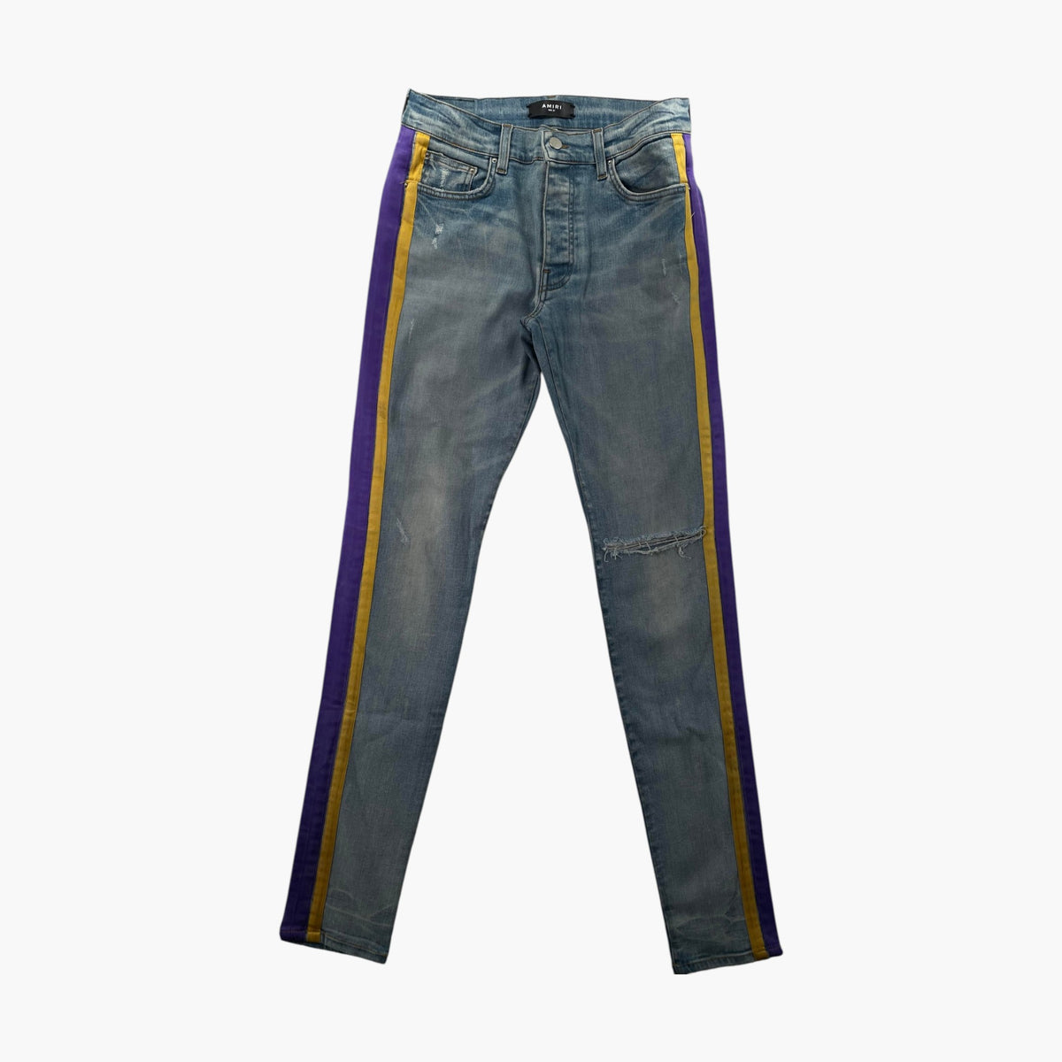 Amiri  Purple Yellow Lakers Stripe Light Wash Jeans