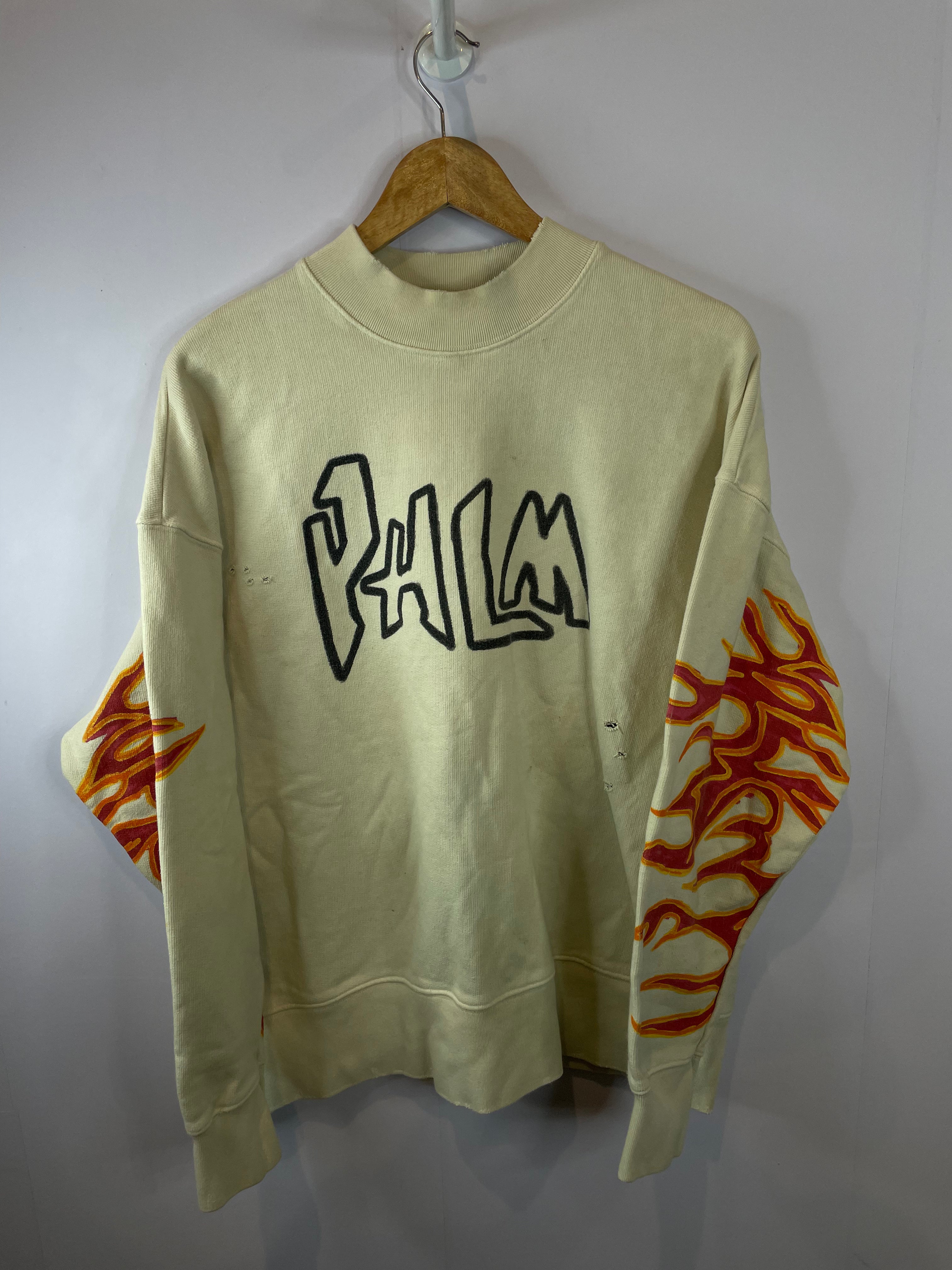 Palm Angels Flames Distressed Cream Sweatshirt