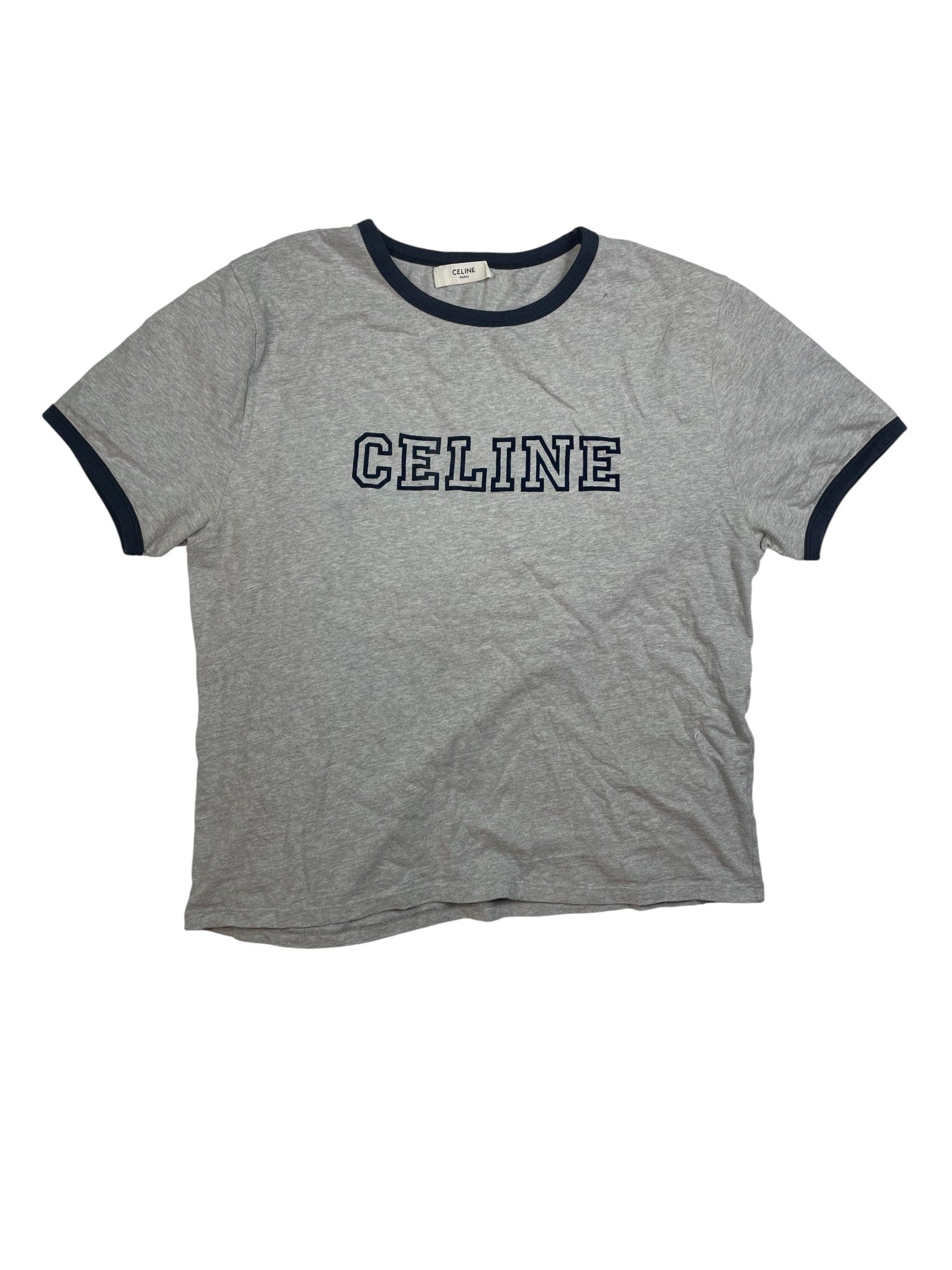 Celine 'Chest Logo Outline' Grey & Navy Tee