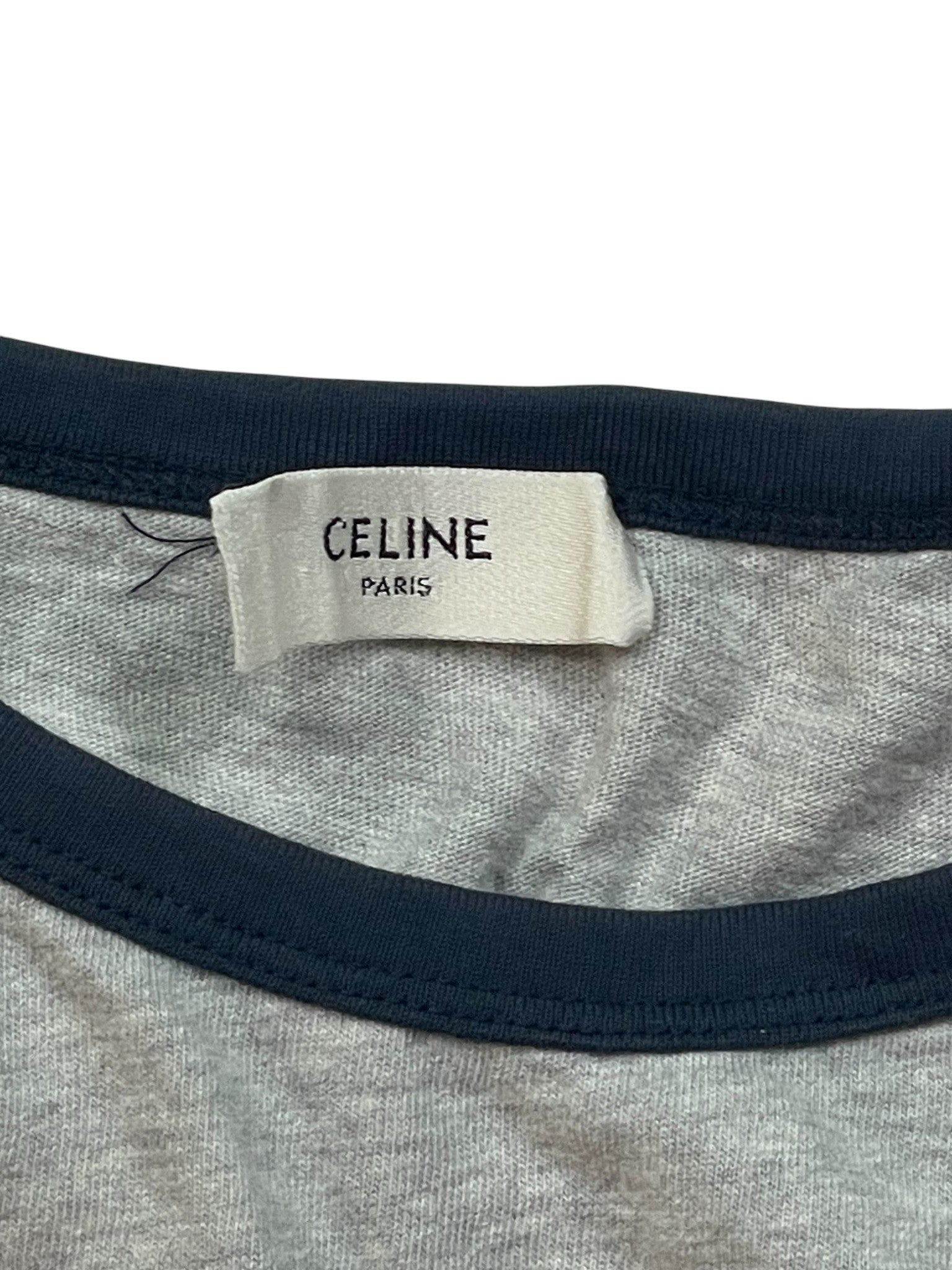 Celine 'Chest Logo Outline' Grey & Navy Tee