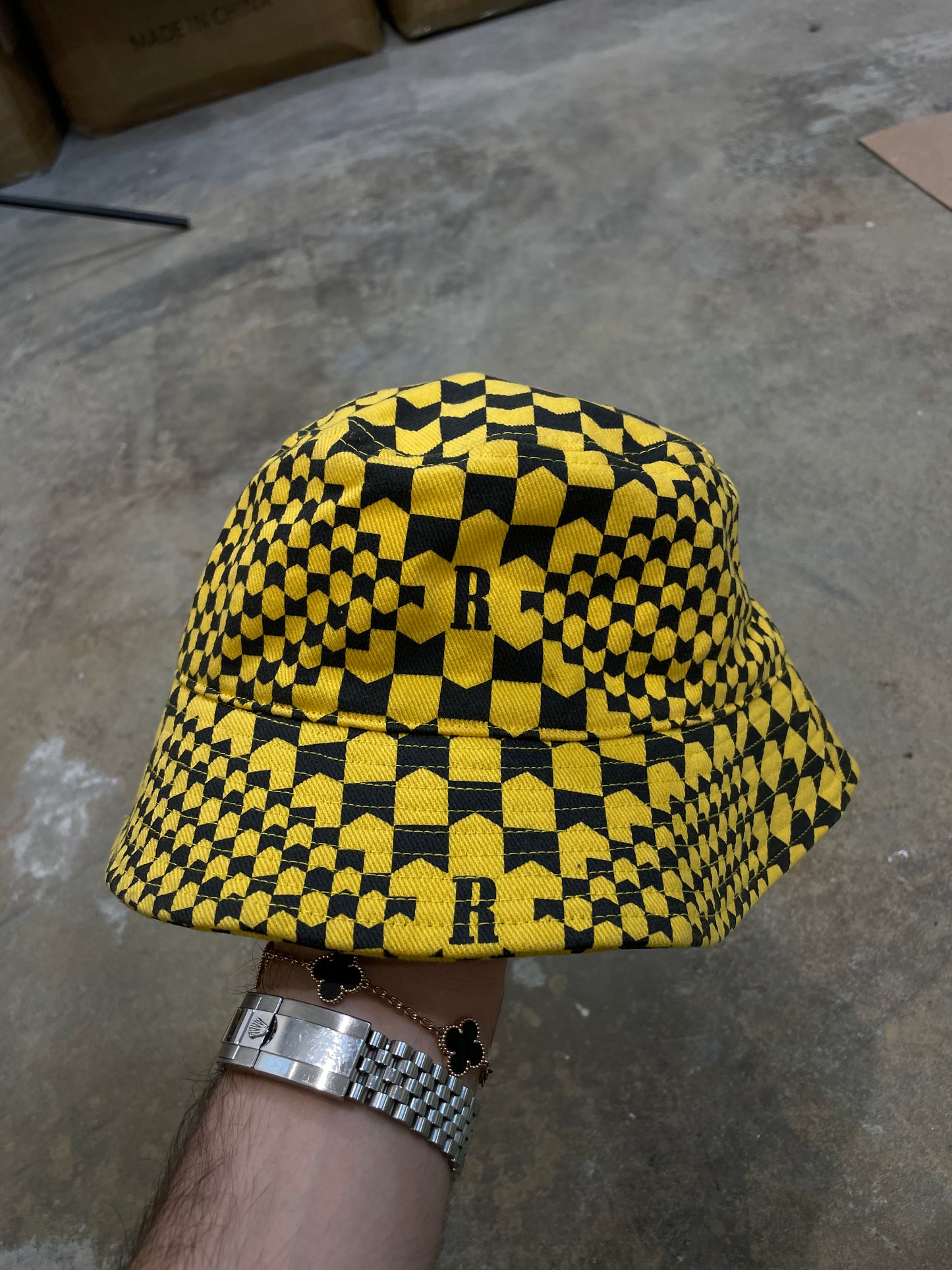 Rhude Bucket Hat Black Yellow Large Used