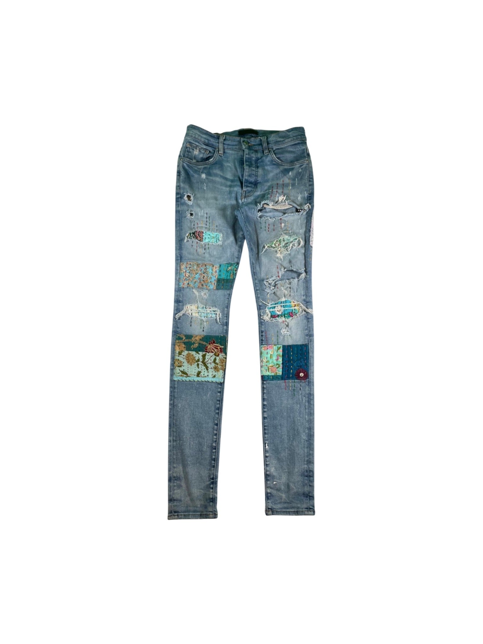 Amiri Quilted Teal Patchwork Light Wash Jeans