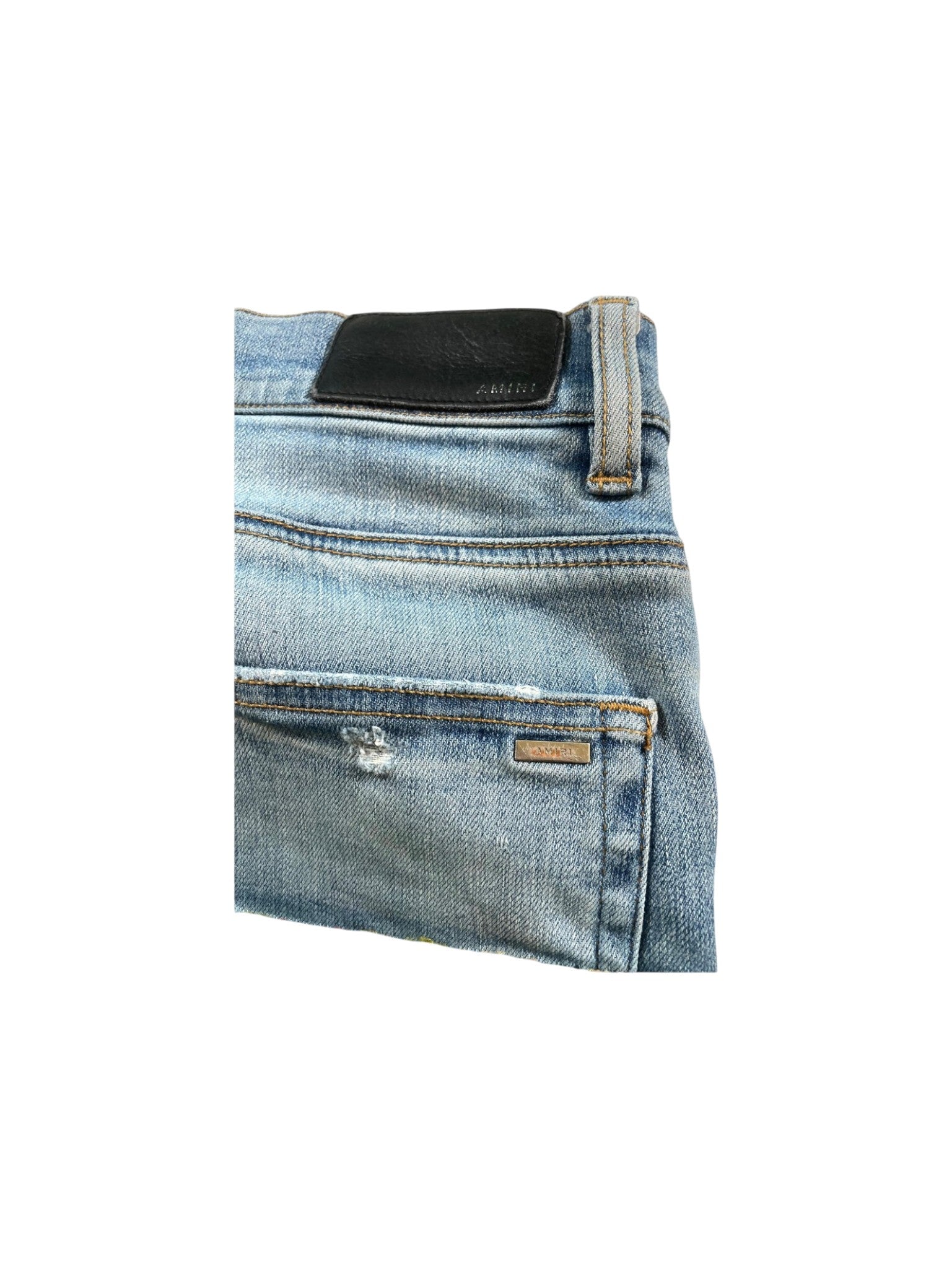 Amiri Quilted Teal Patchwork Light Wash Jeans