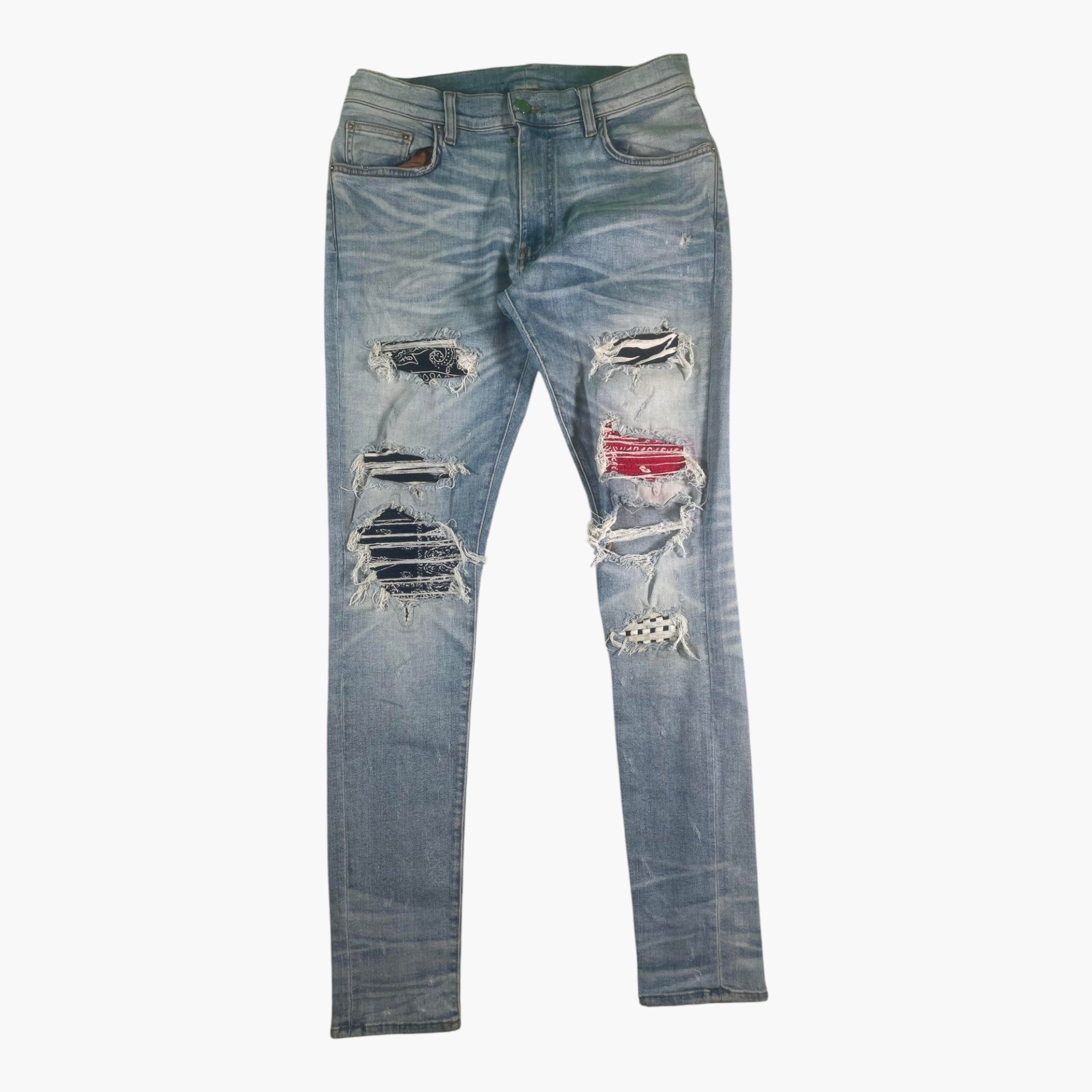 Amiri Paisley Zebra Patch Light Wash, Red, Navy & Black Jeans