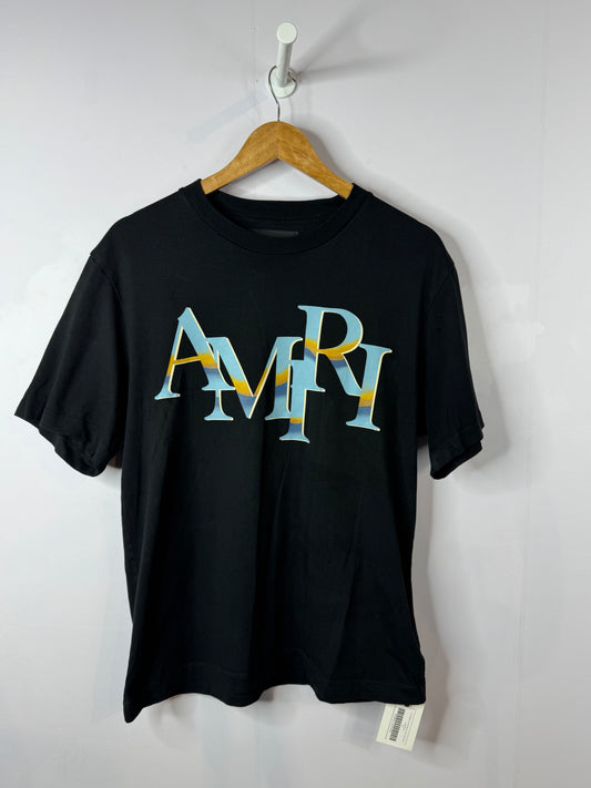 Amiri Staggered Multicolor Logo Black Tee