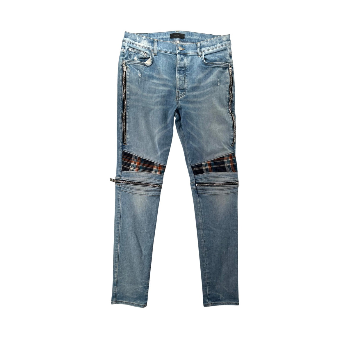 Amiri "MX2" Plaid Patch Light Wash, Blue & Orange Jeans