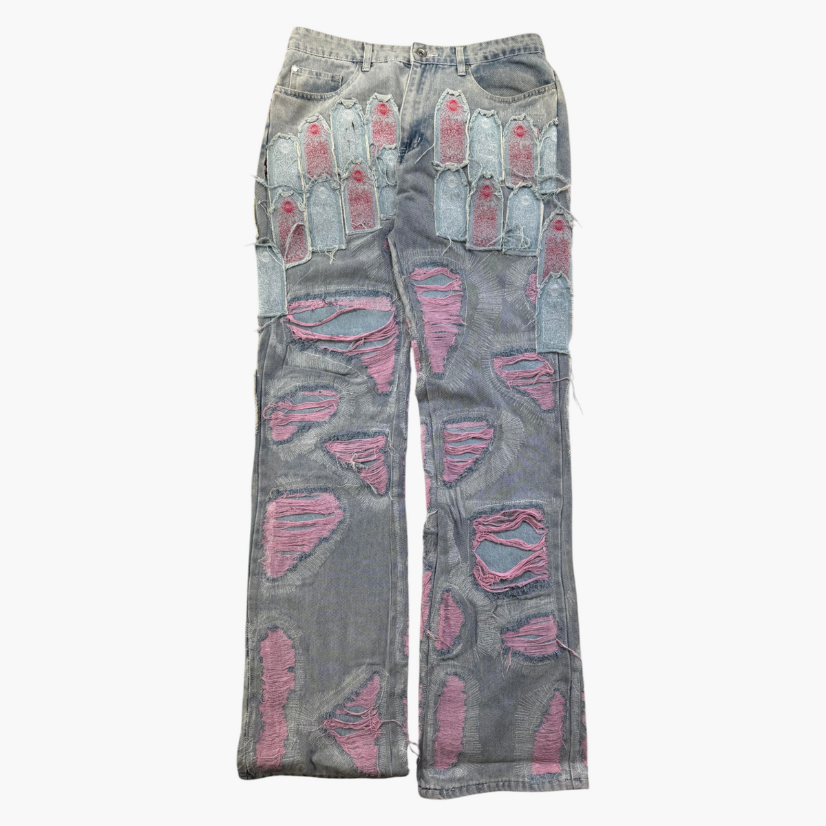 Who Decides War Pink & Red Patchwork Light Wash Jeans