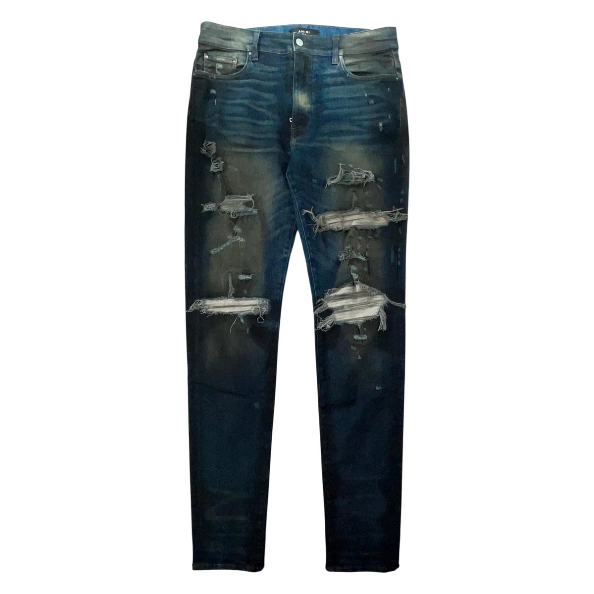 Amiri "MX1" Waxed Wool Patch Dark Wash Jeans