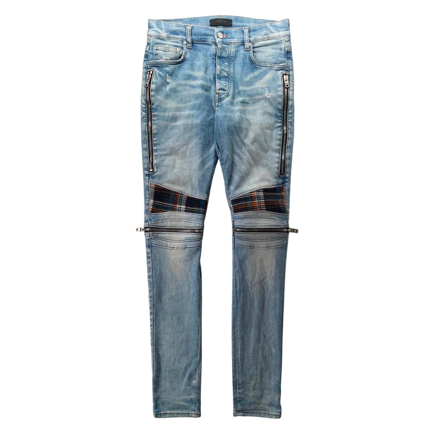 Amiri "MX2" Plaid Patch Light Wash, Blue & Orange Jeans