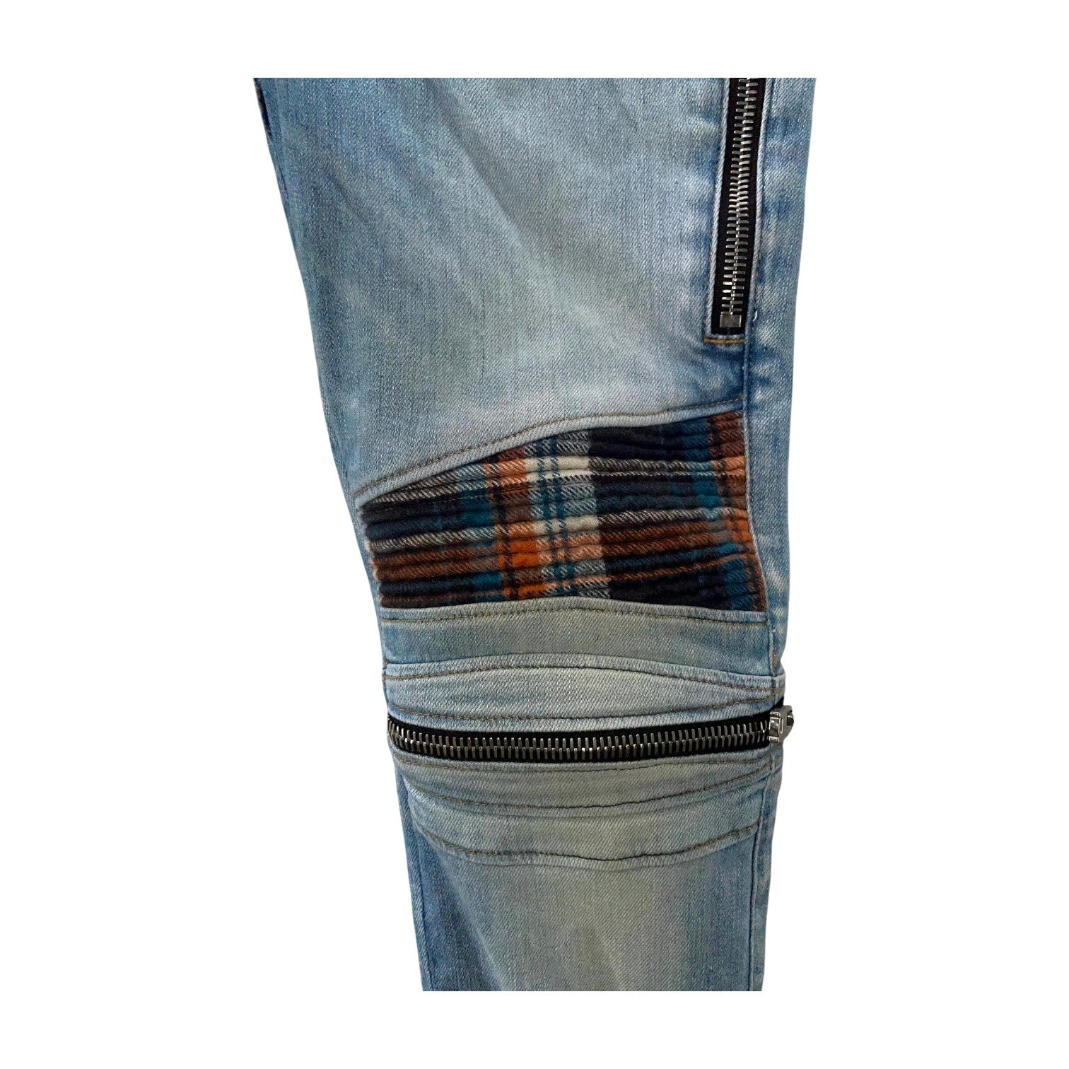 Amiri "MX2" Plaid Patch Light Wash, Blue & Orange Jeans