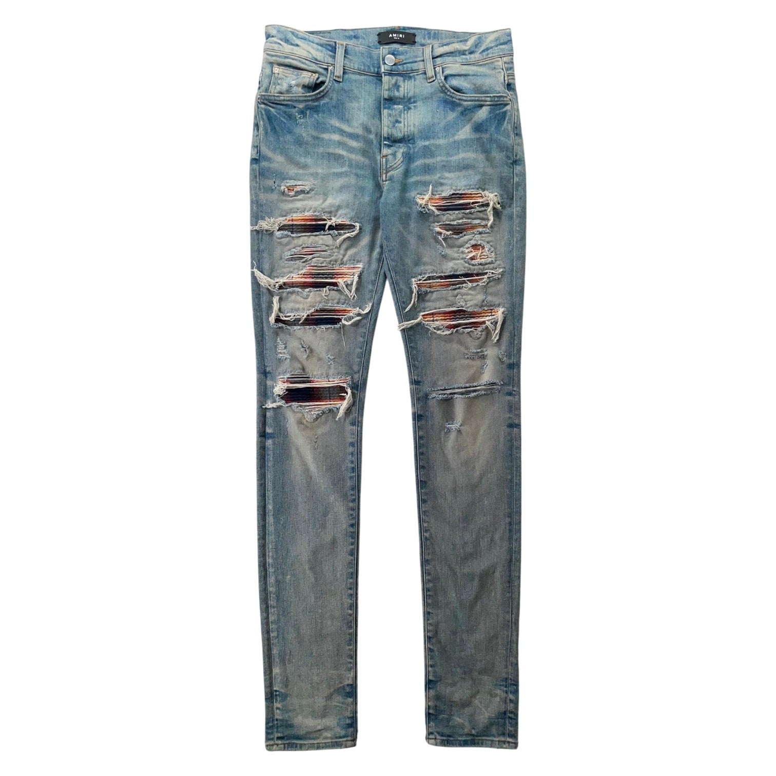 Amiri Plaid Thrasher Light Wash, Burgundy & Yellow Jeans
