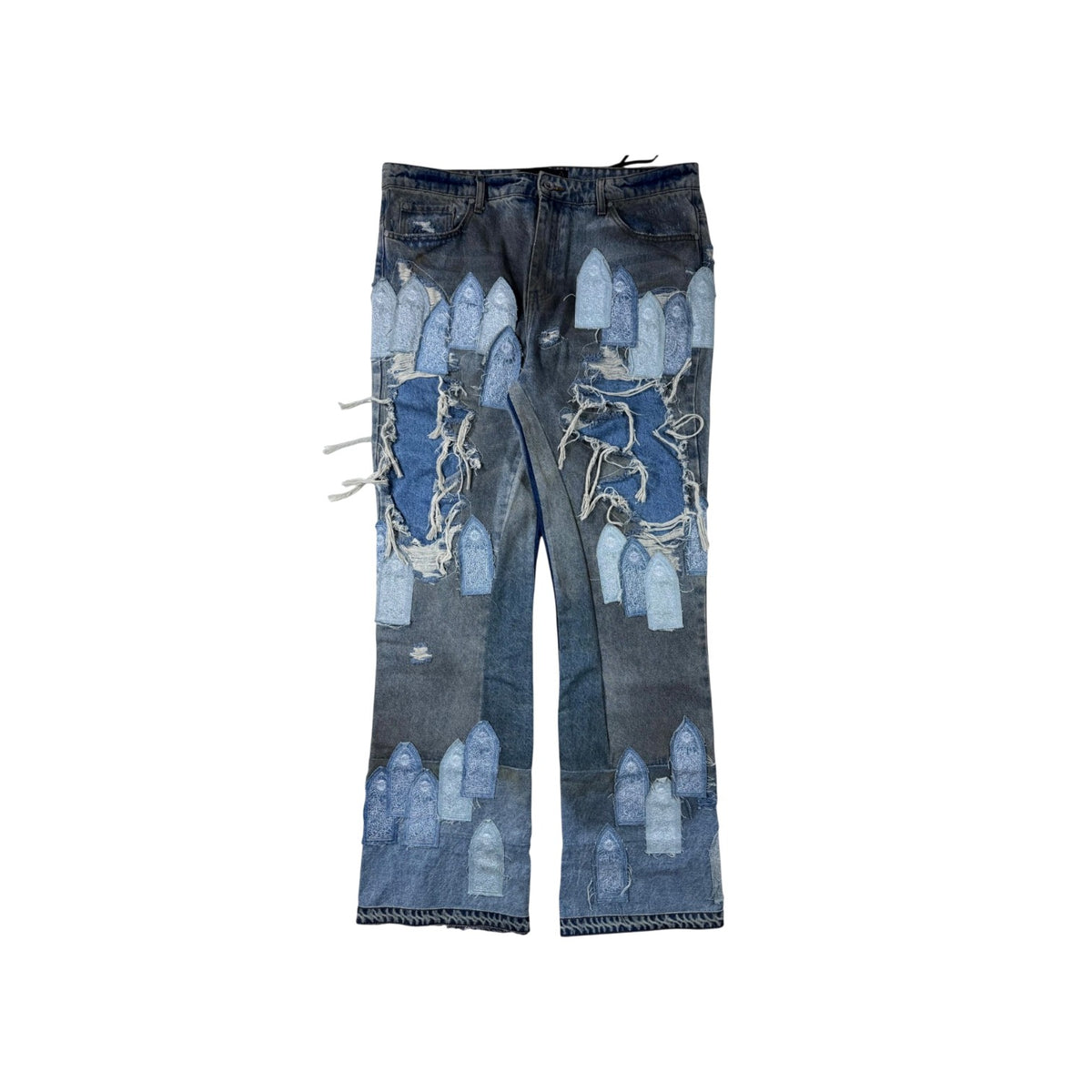 Who Decides War Patched Arch Repaired Blowout Light Wash Jeans
