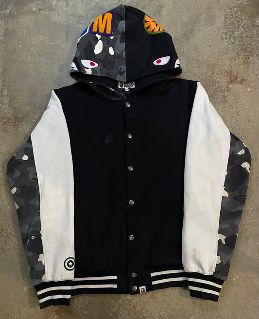 BAPE Shark Varsity Jacket Black White Grey Camo Used XL