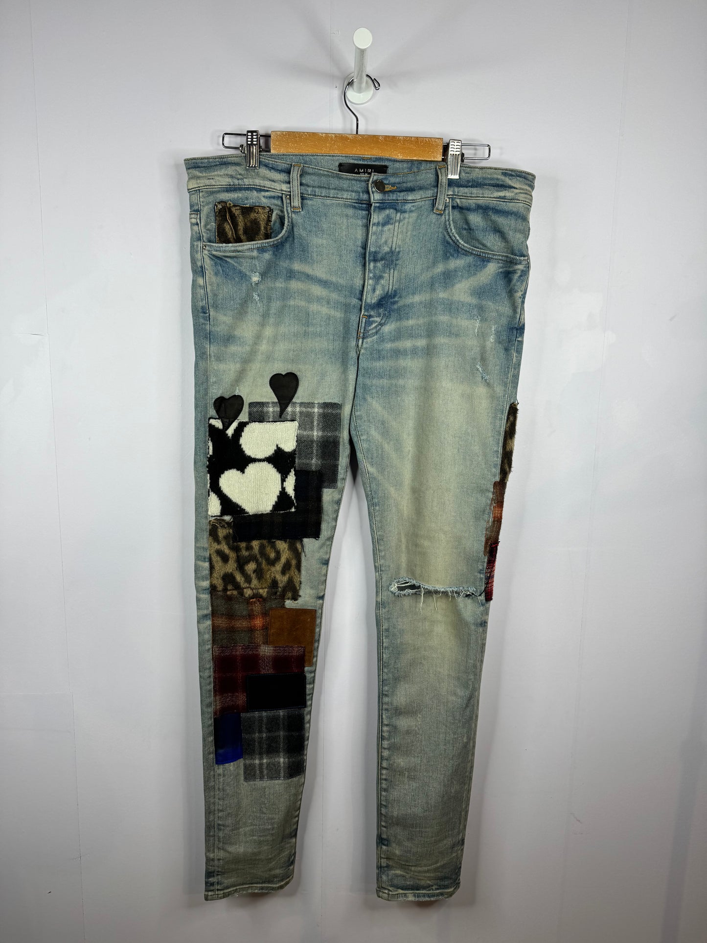 Amiri Jeans Lumberjack Patchwork Light Wash Blue Jeans