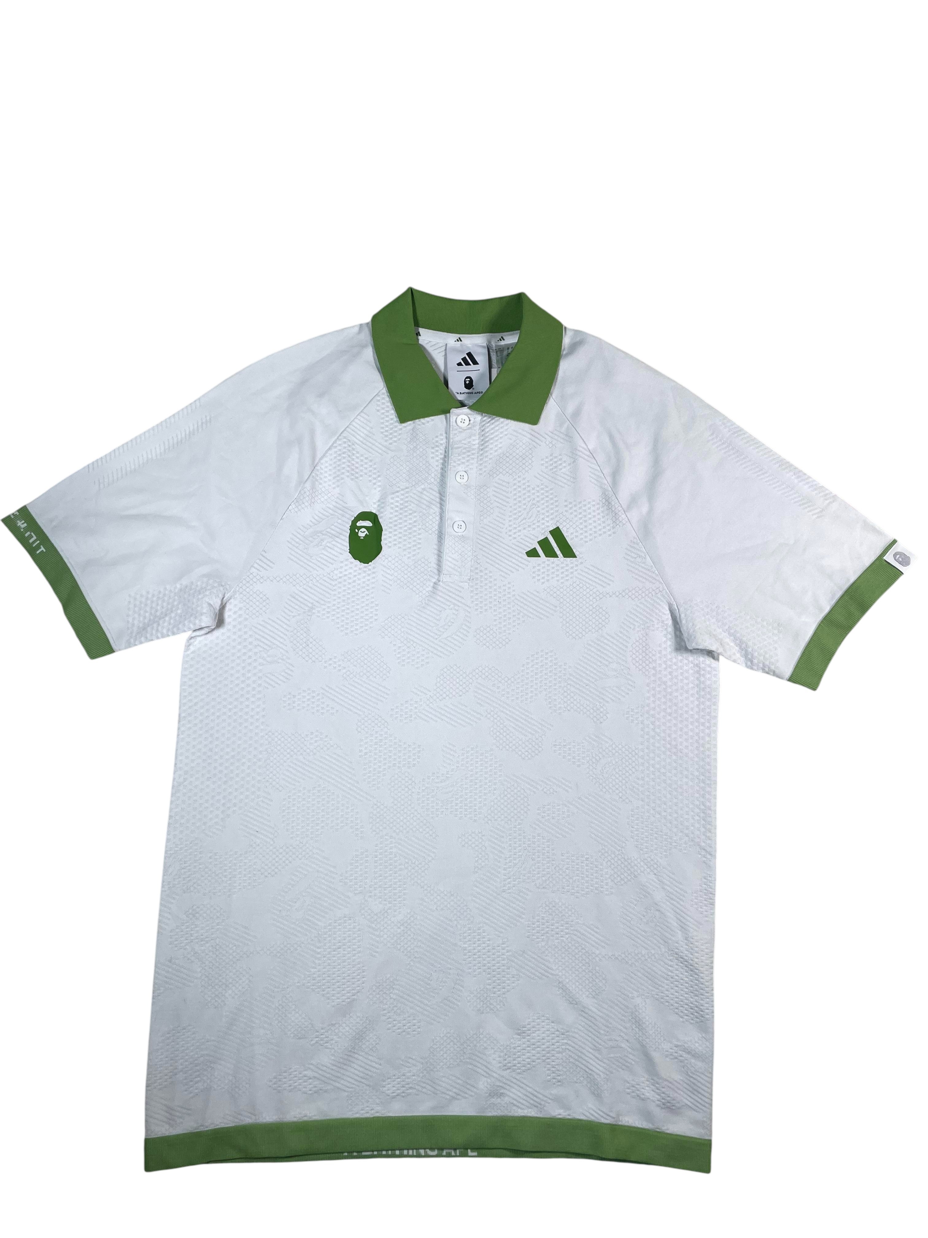 Bape Adidas White & Green Button Up Polo Shirt