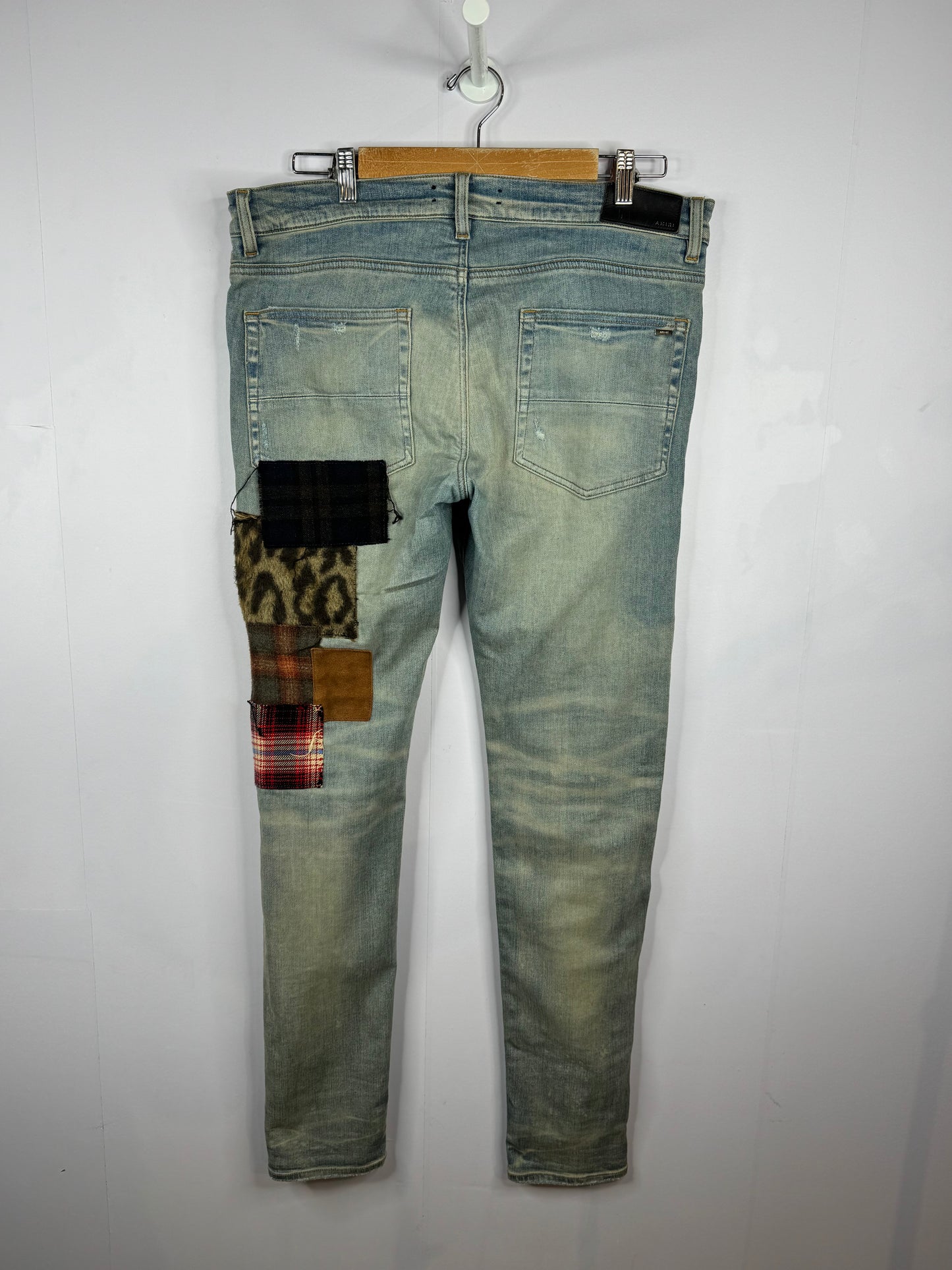 Amiri Jeans Lumberjack Patchwork Light Wash Blue Jeans