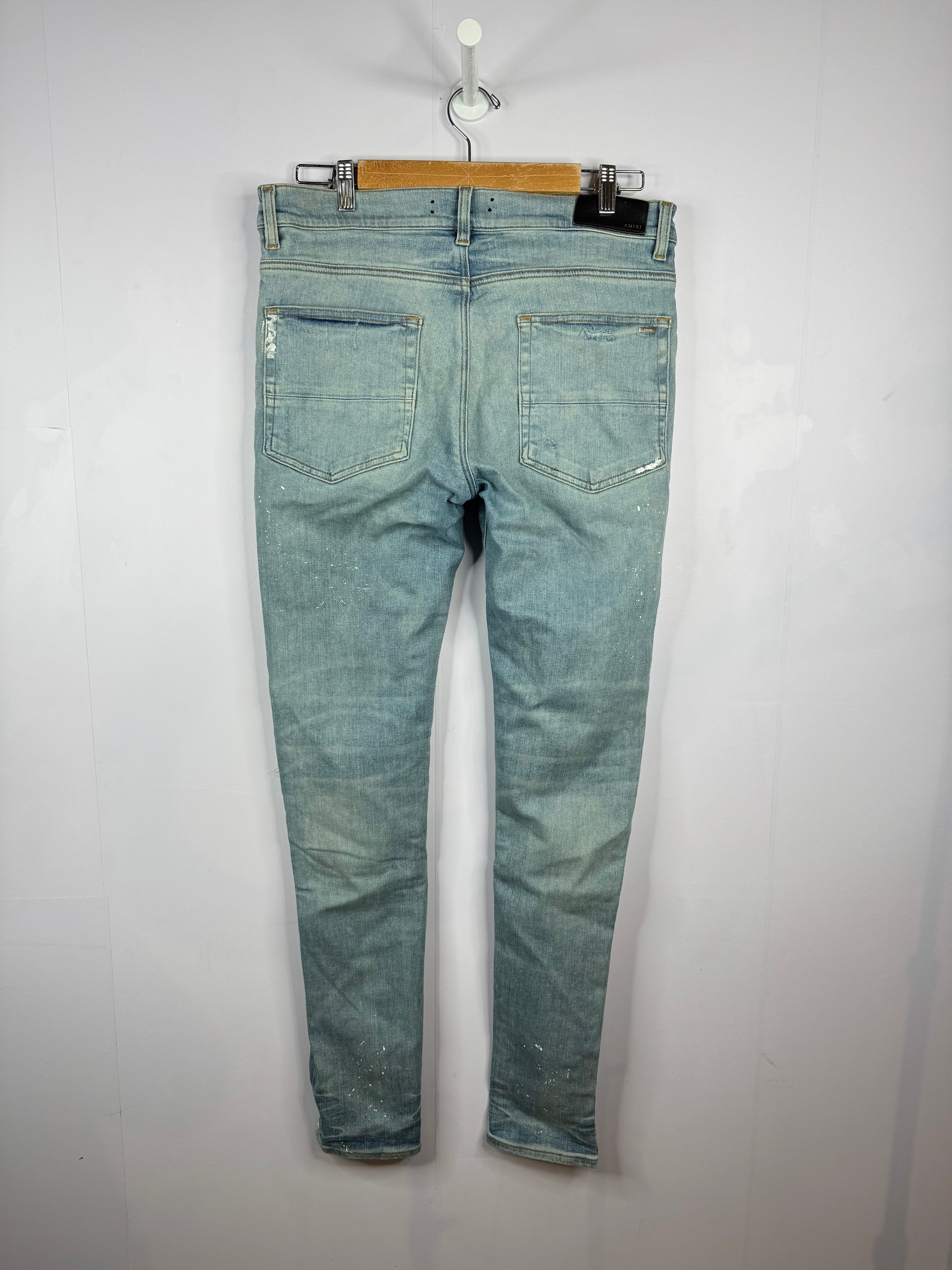 Amiri MX1 Green Plaid Patch Light Wash Blue Jeans