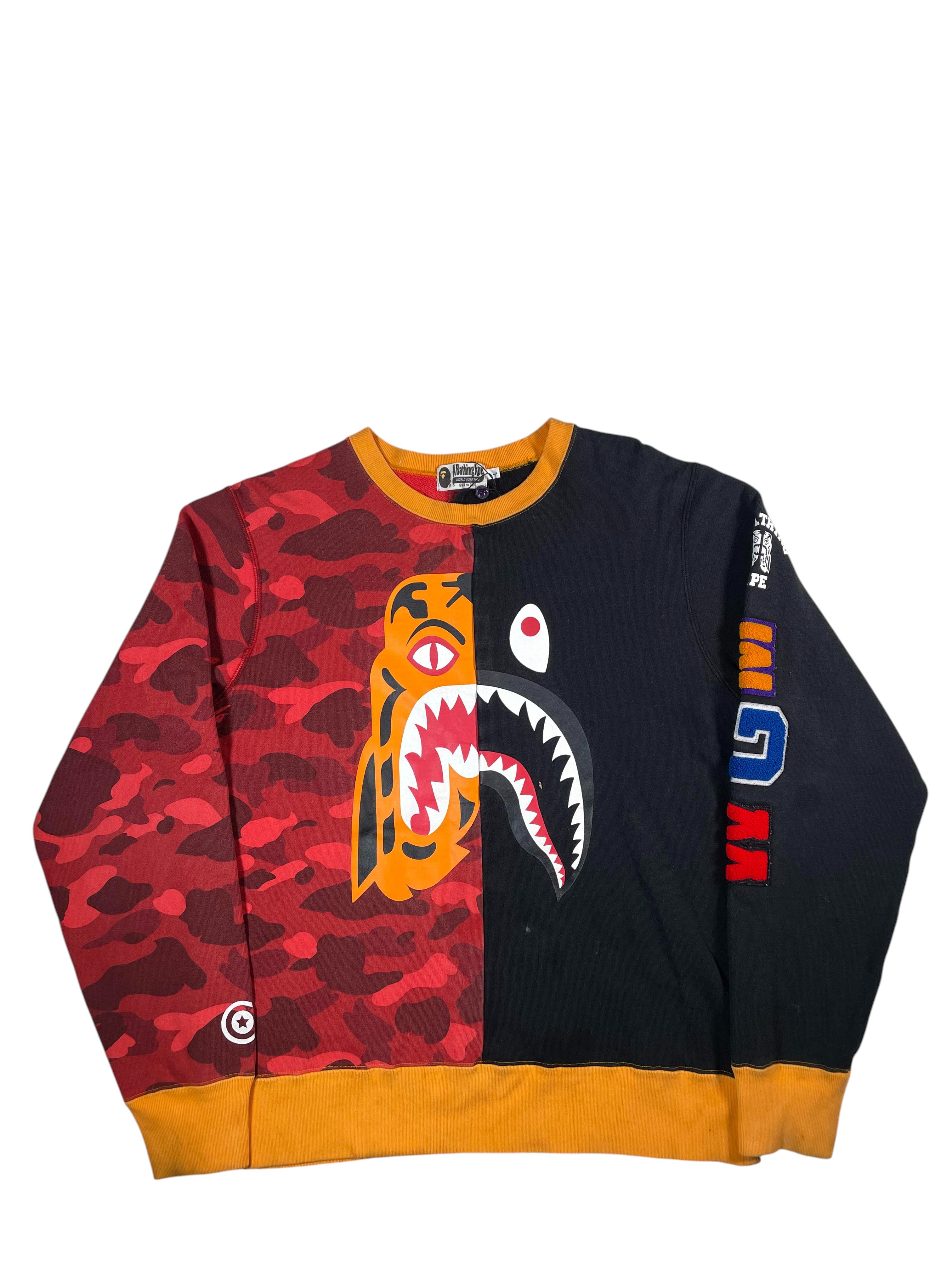 BAPE Tiger Shark Red Camo Black Split Crewneck