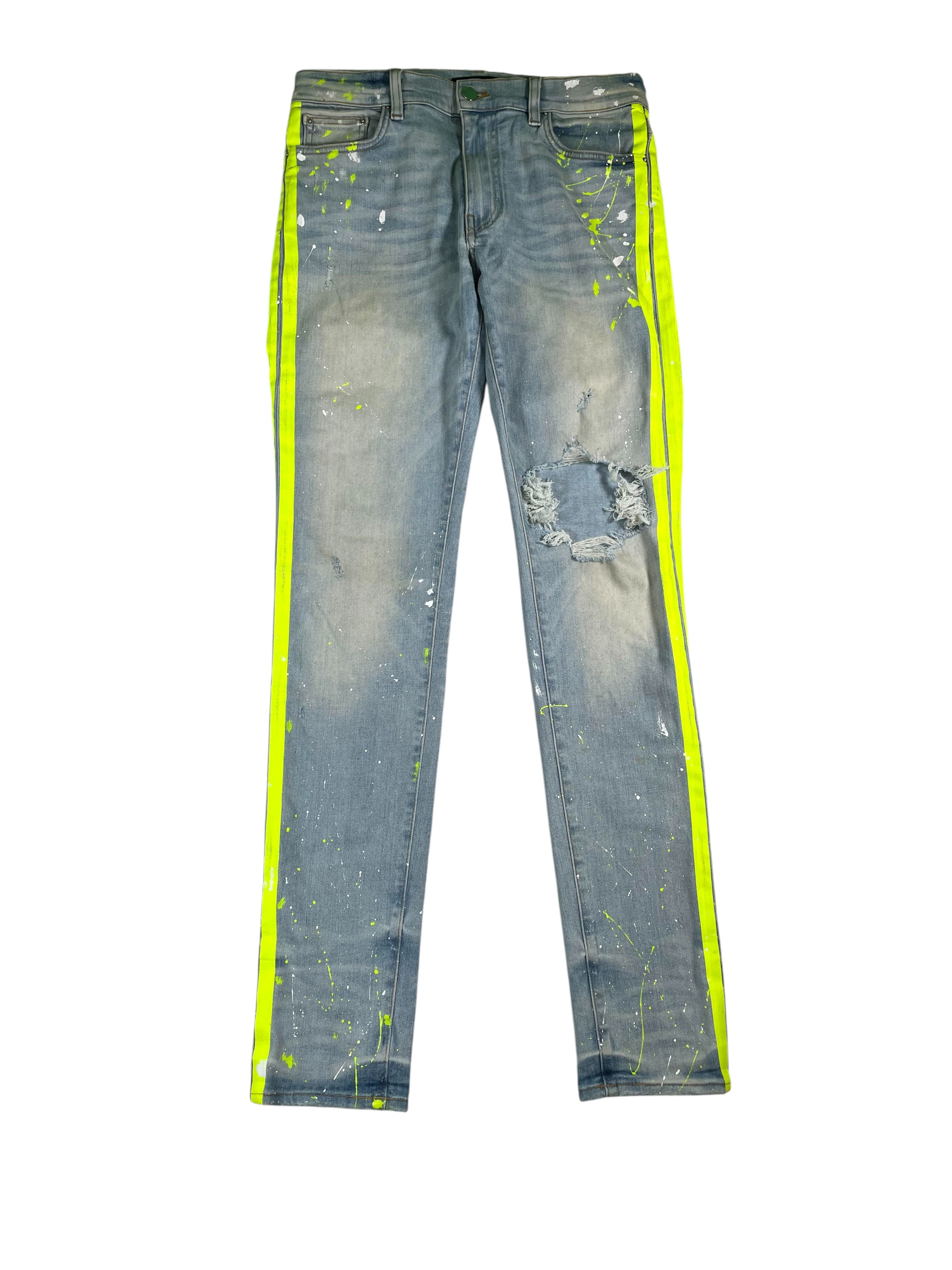 Amiri  Neon Paint Splatter Stripe Light Wash Jeans