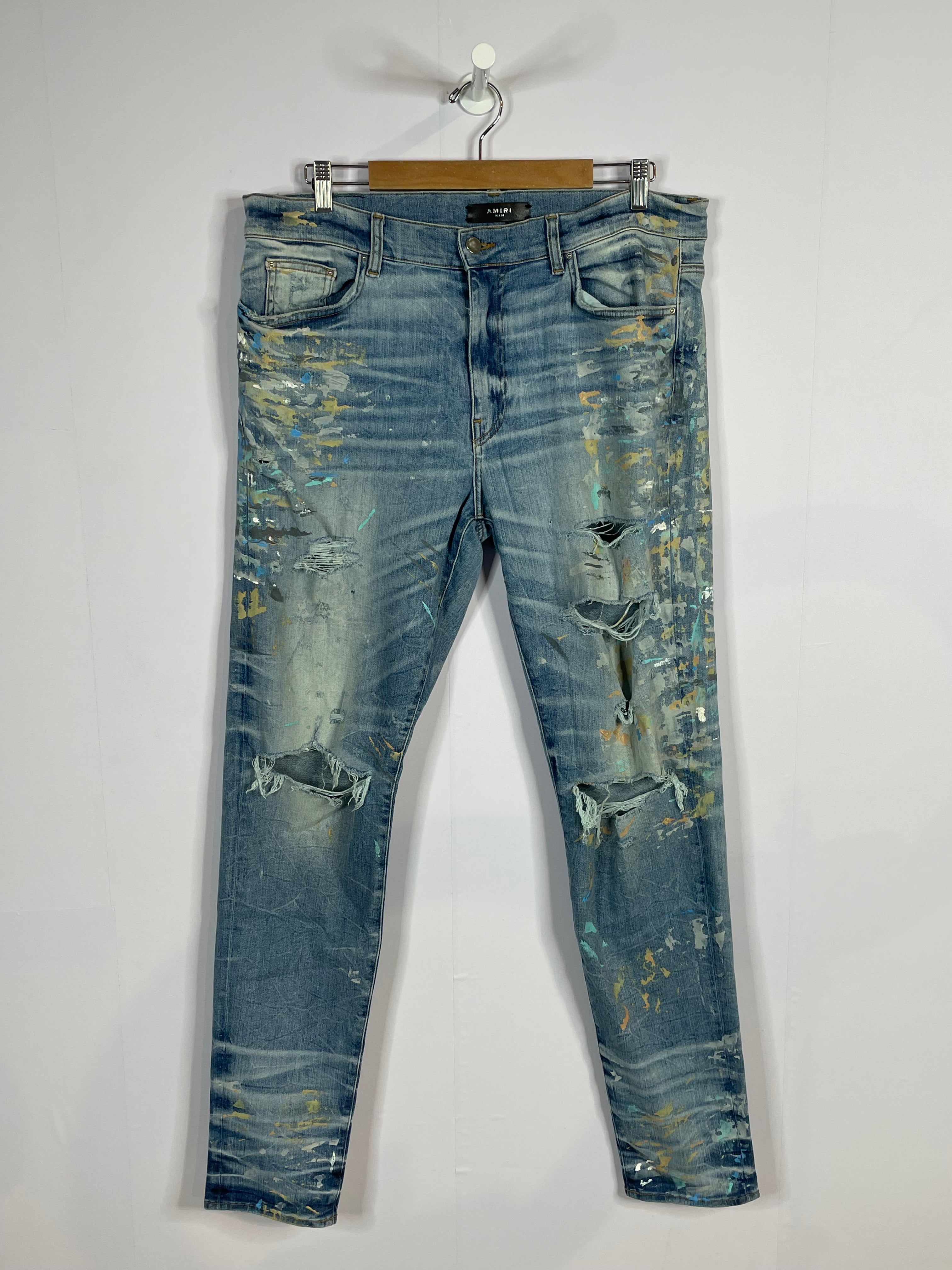 Amiri Plain Thrasher Light Wash Splatter Rip Used 38