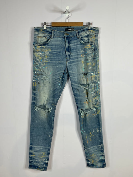 Amiri Plain Thrasher Light Wash Splatter Rip Used 38