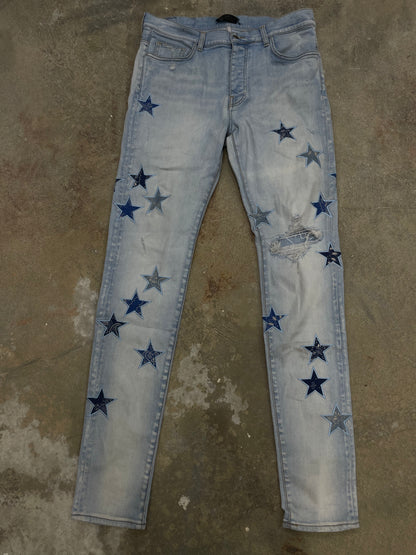 Amiri Jeans Light Wash Blue Paisley Stars Used 36