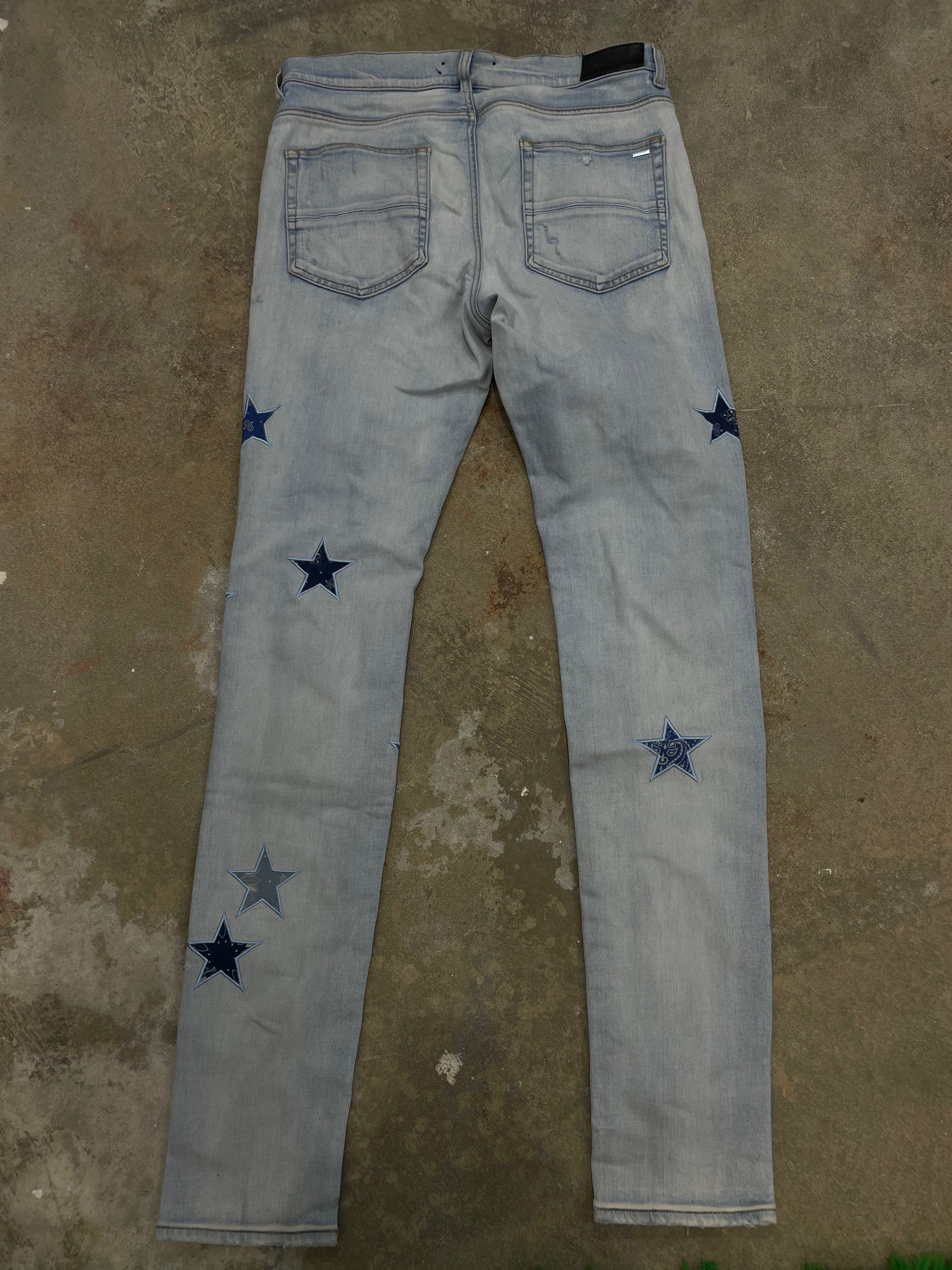 Amiri Jeans Light Wash Blue Paisley Stars Used 36