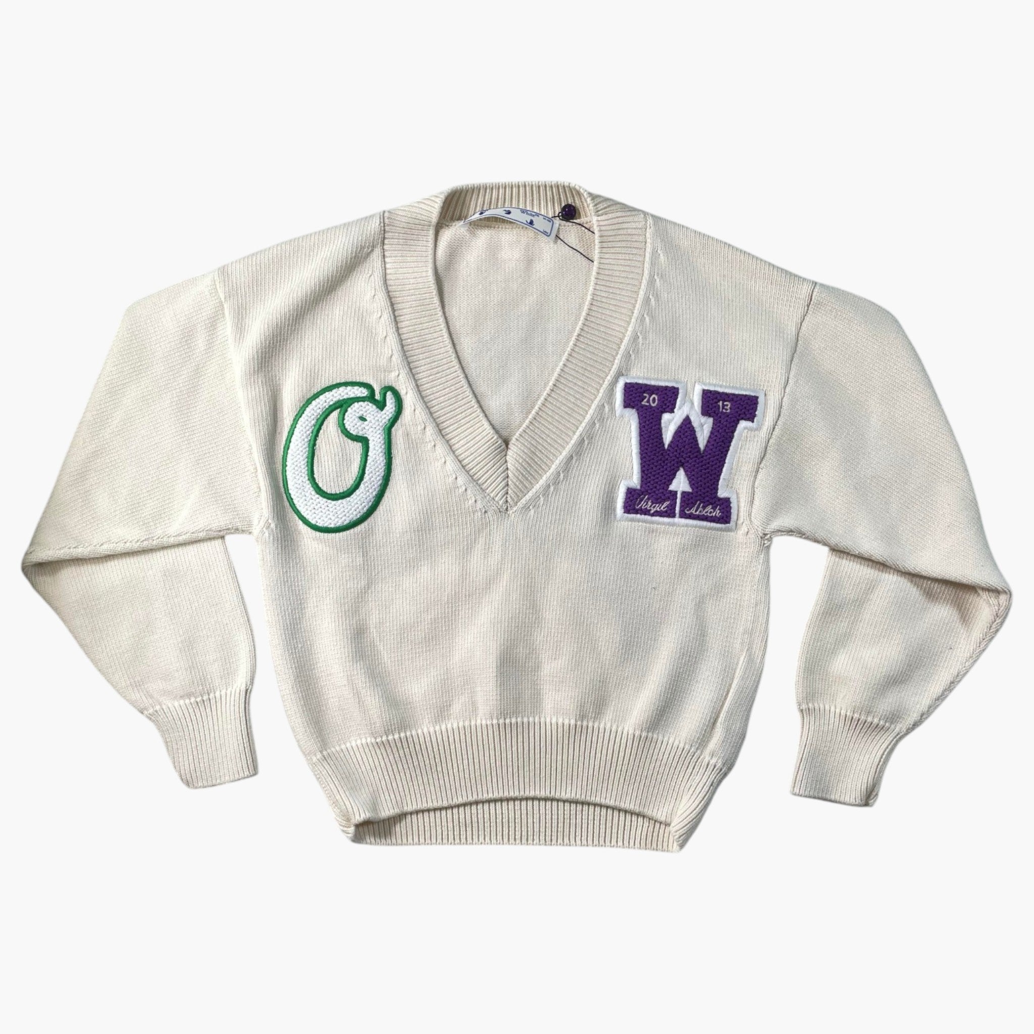 Off White Purple & Green Varsity Patch Cream Knit Sweater