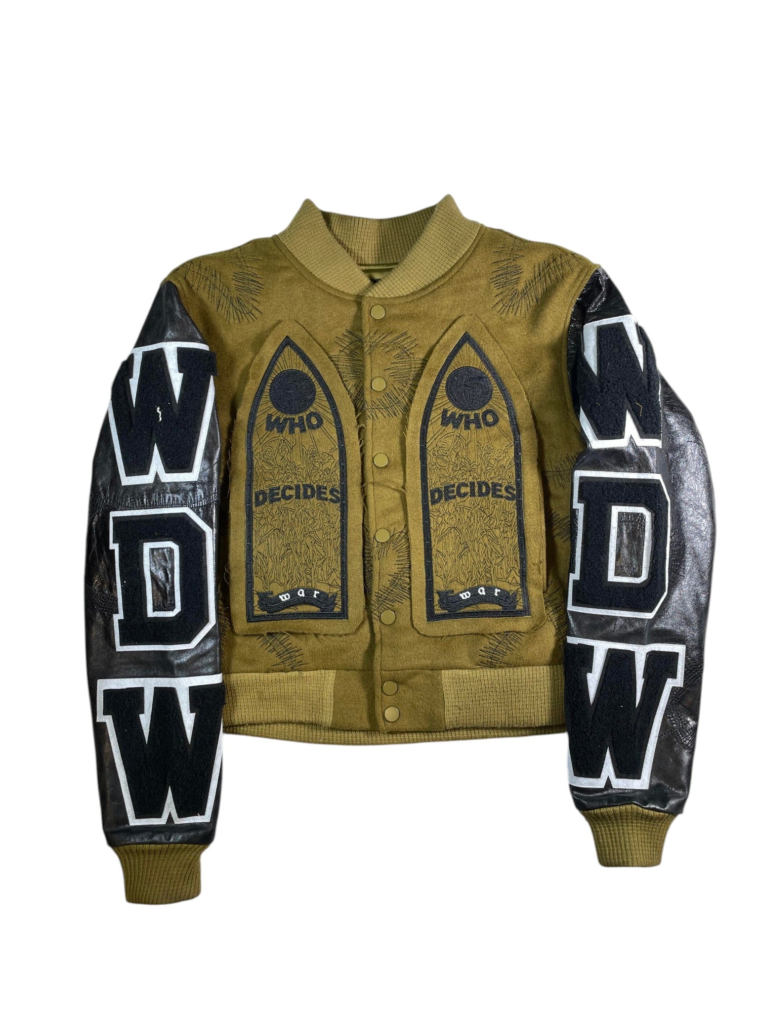 Who Decides War Patchwork Olive Varsity Jacket