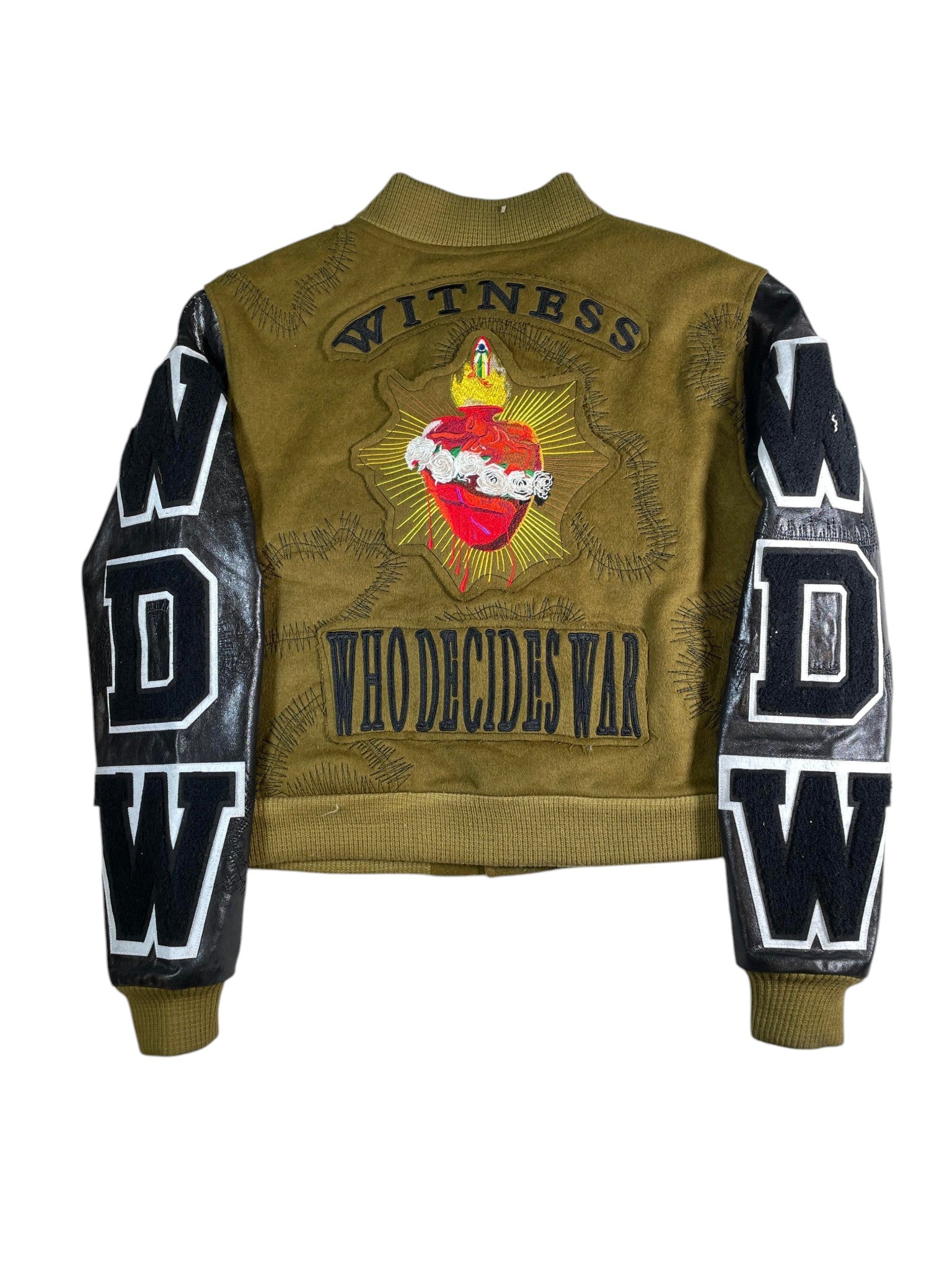 Who Decides War Patchwork Olive Varsity Jacket