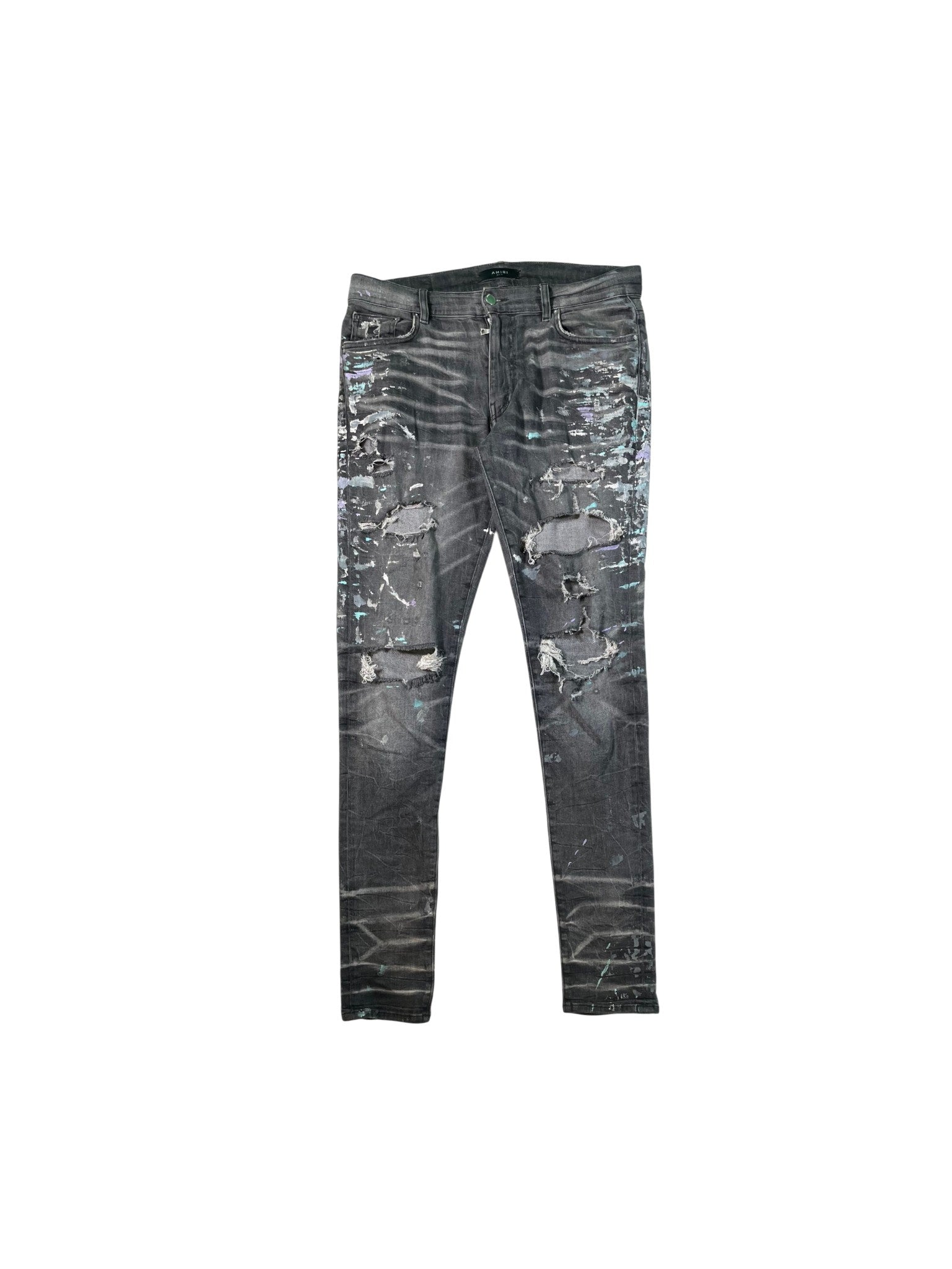Amiri Splatter Ripped Grey & Teal Jeans