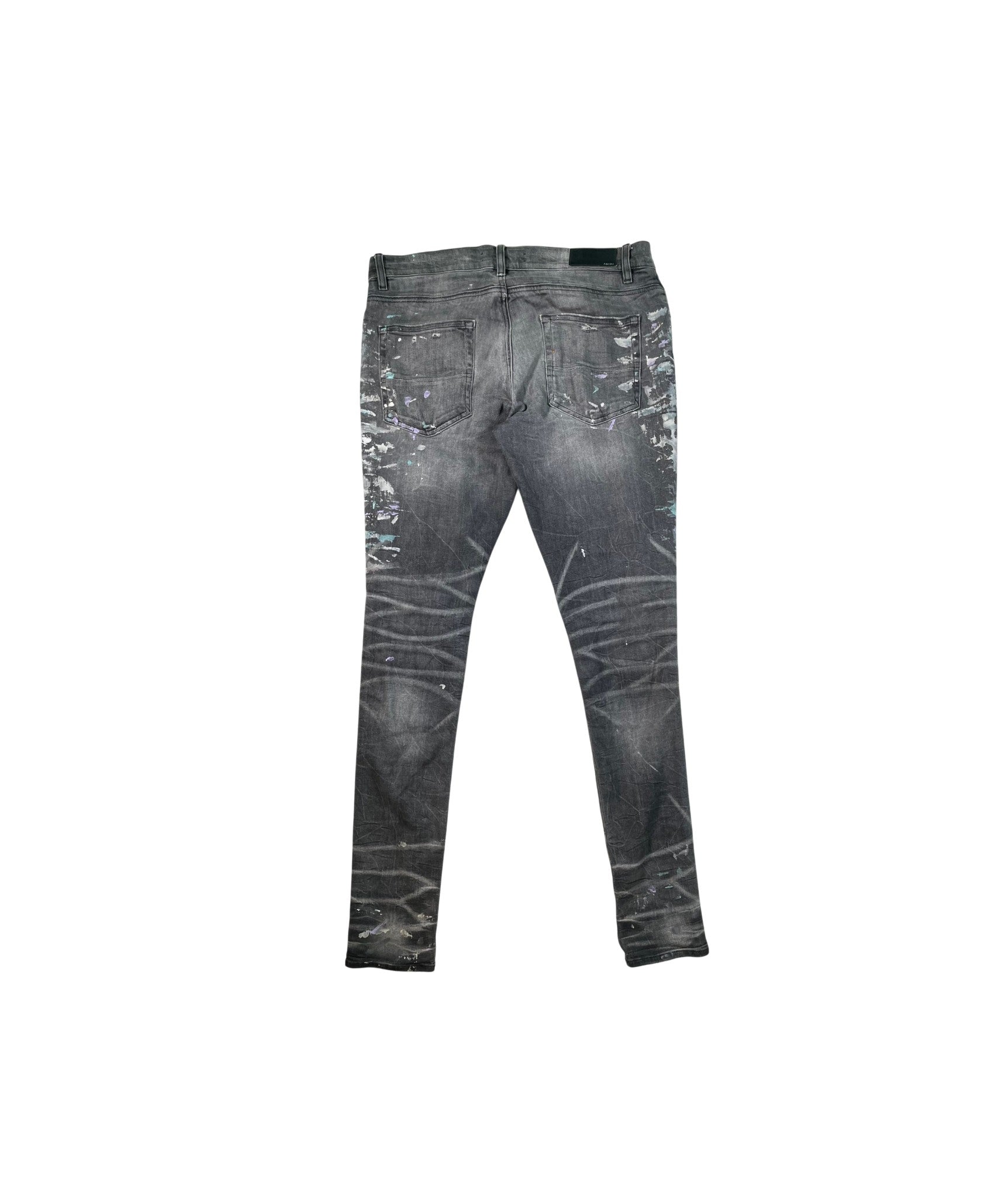 Amiri Splatter Ripped Grey & Teal Jeans