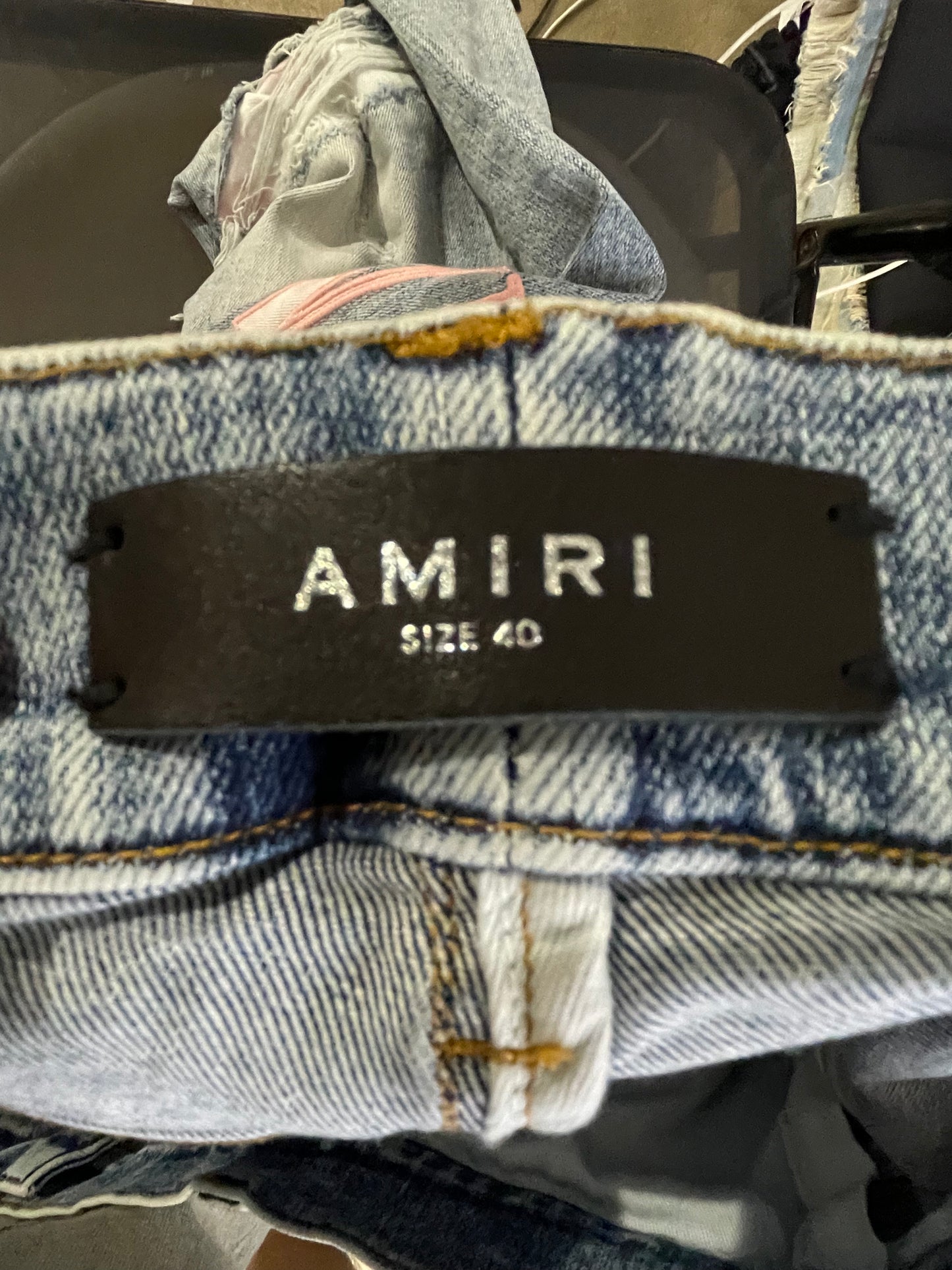 Amiri Pink Side Logo Light Wash Blue Jeans