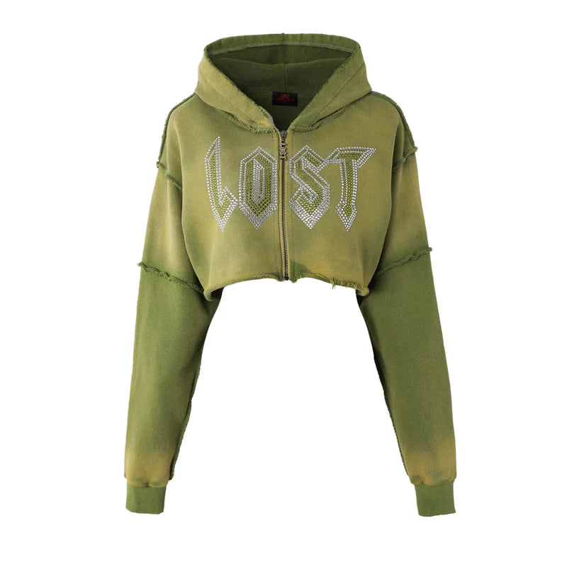 Lost Intricacy Cropped Moss Green Zip Up Hoodie (Women's)