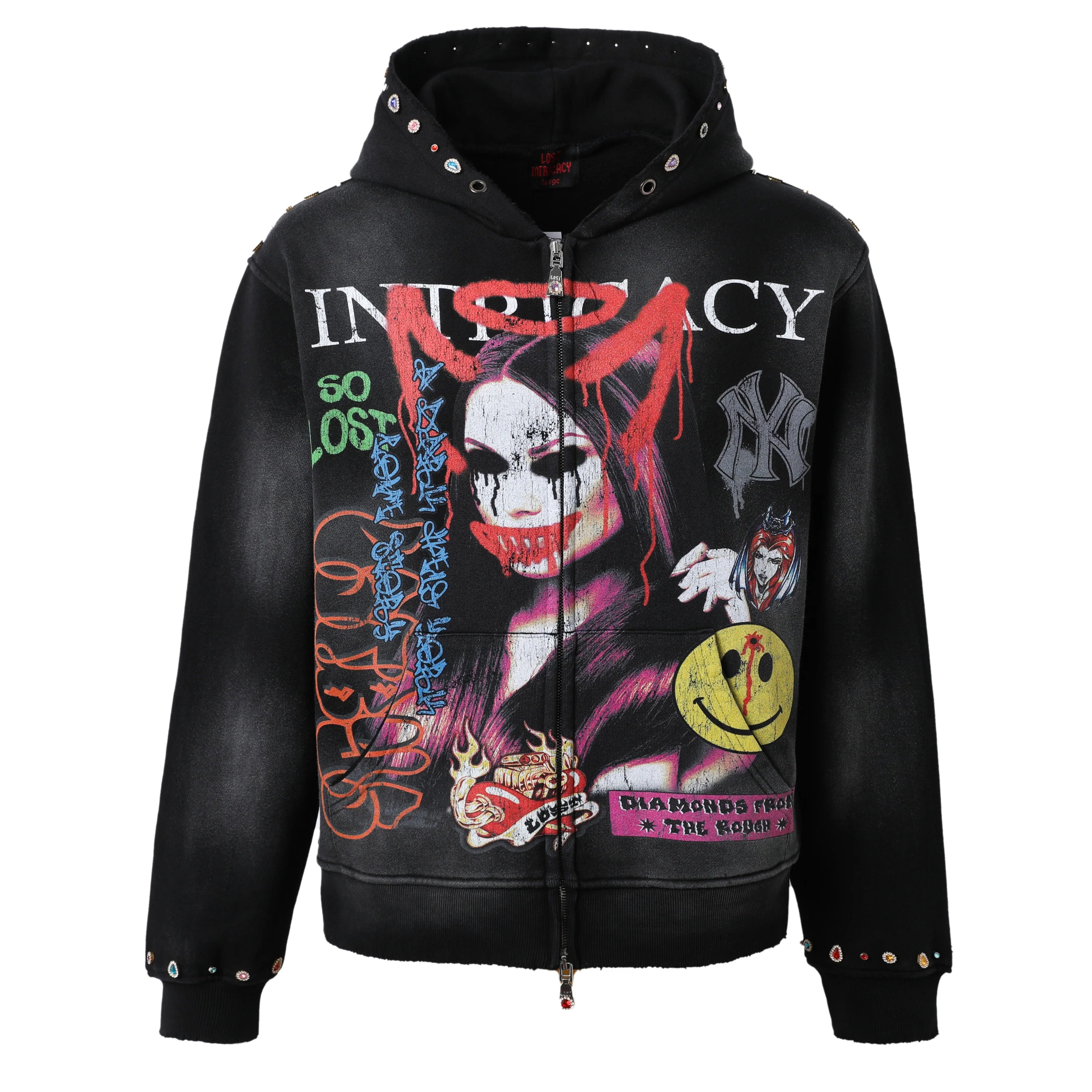 Lost Intricacy 'Front Page Magazine' Rhinestone Black Zip Up Hoodie