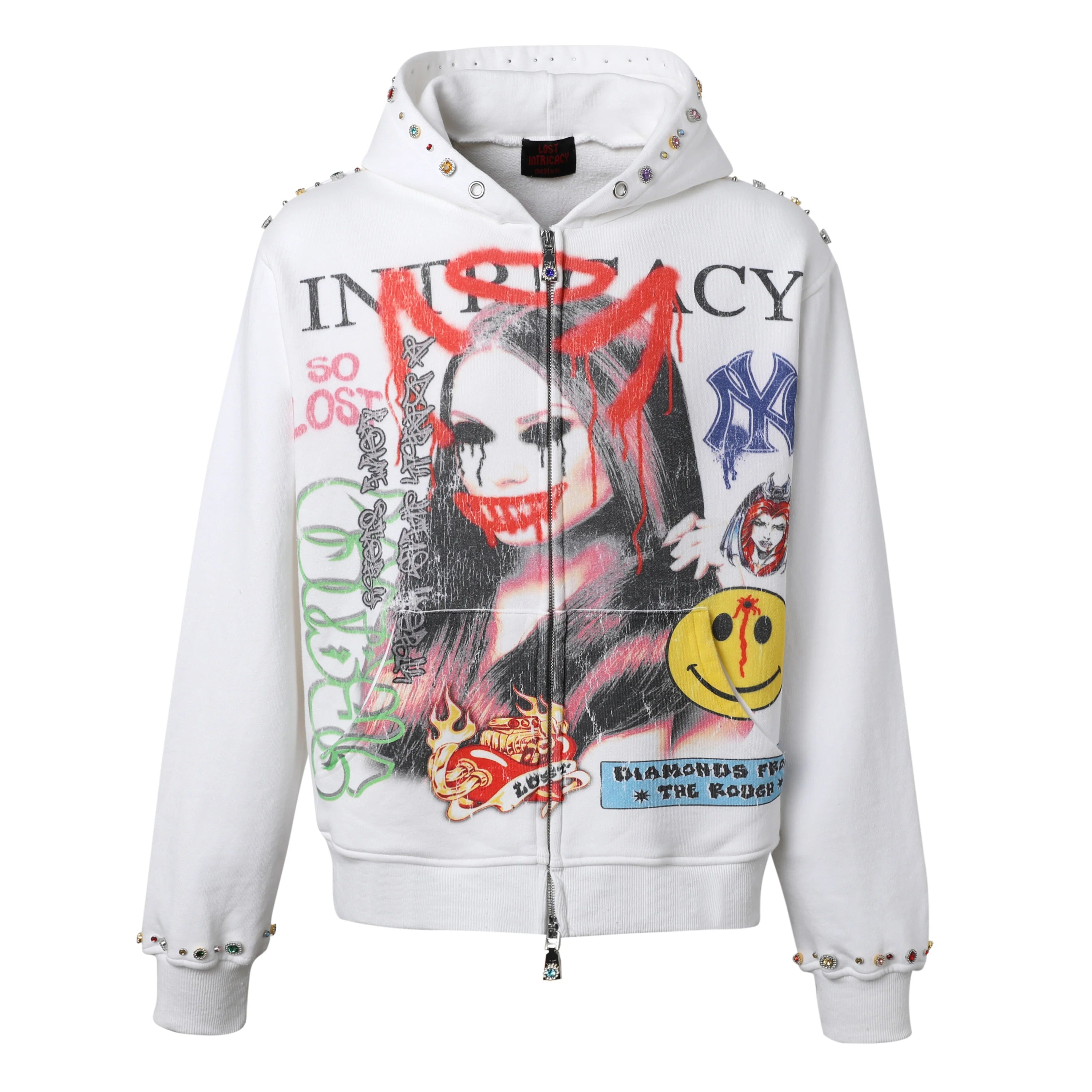 Lost Intricacy 'Front Page Magazine' Rhinestone White Zip Up Hoodie