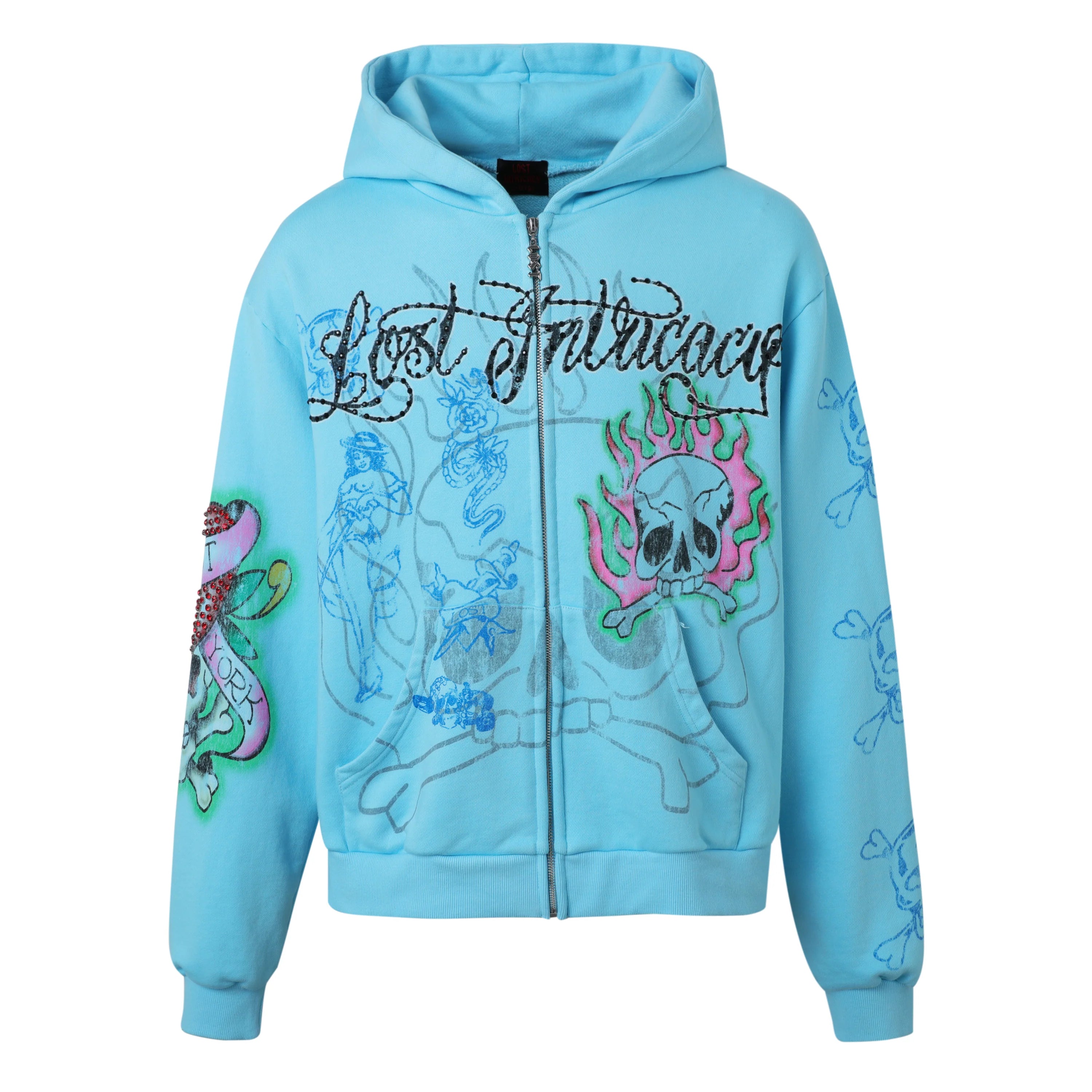 Lost Intricacy 'Ink & Bones' Light Blue Zip Up Hoodie