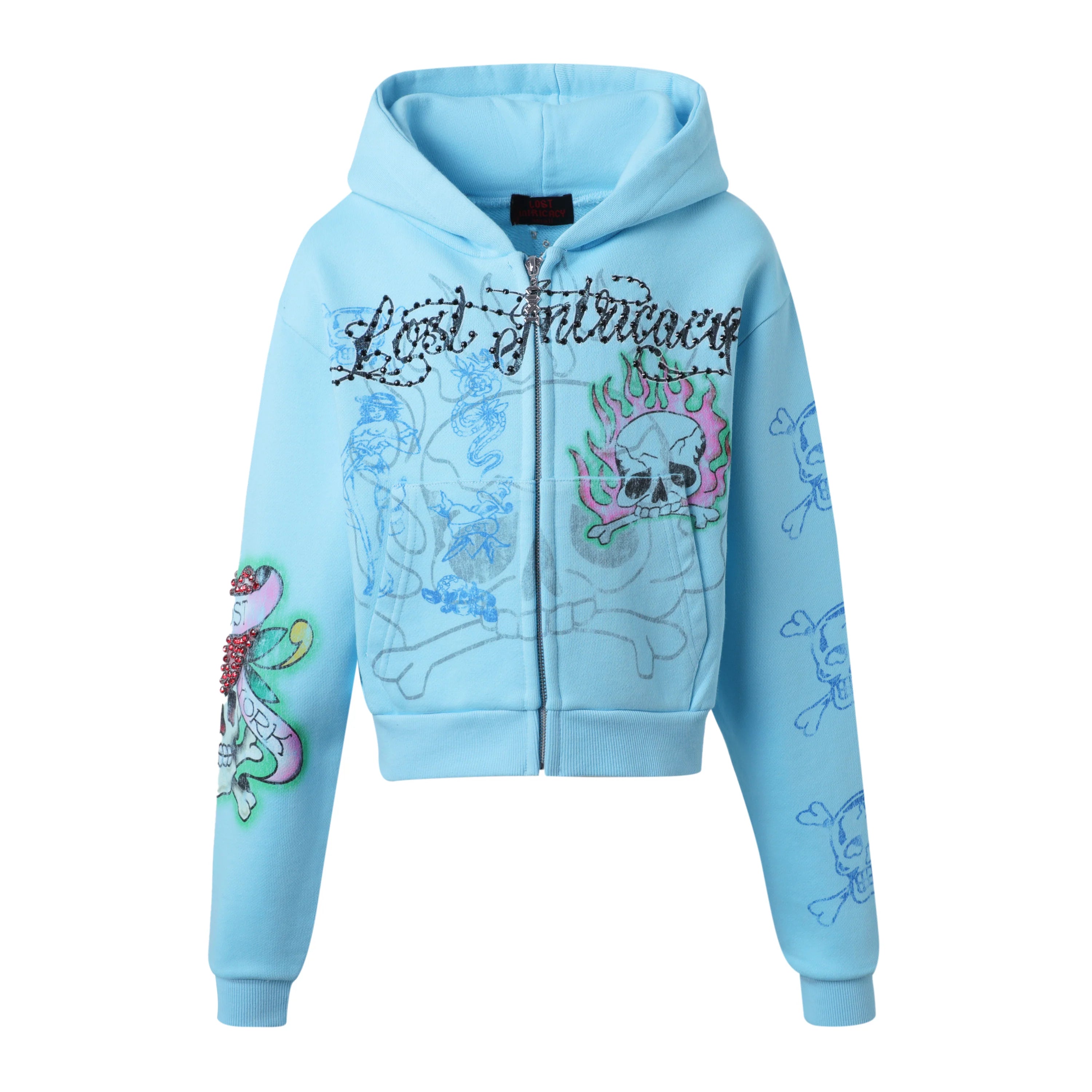 Lost Intricacy 'Ink & Bones' Light Blue Zip Up Hoodie (Women's)