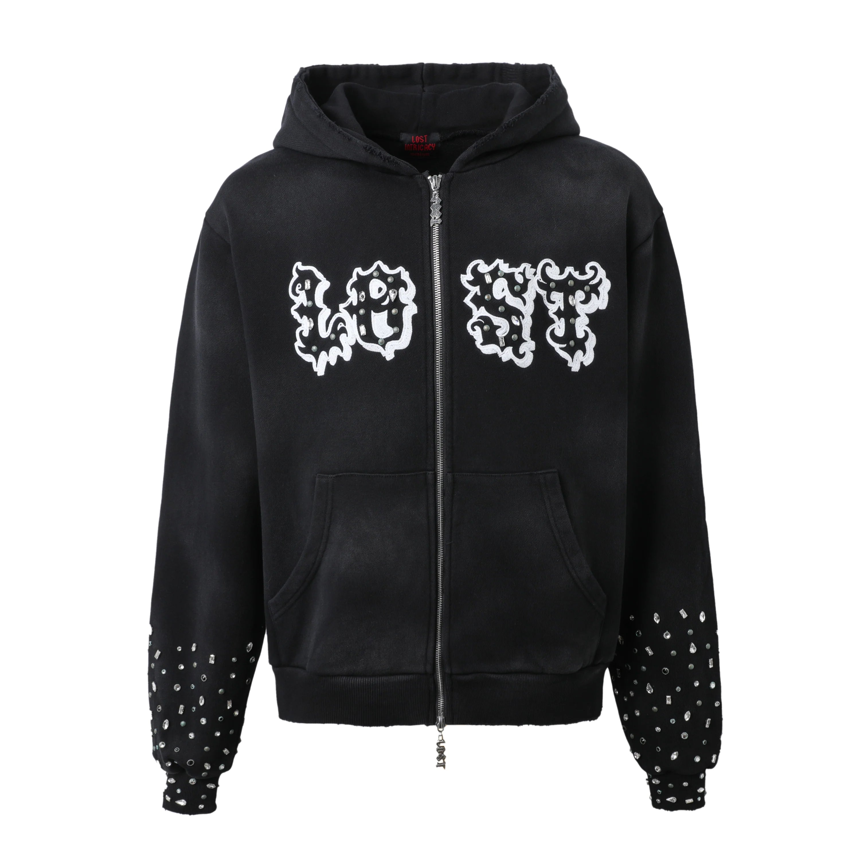 Lost Intricacy 'Patch' Washed Black Zip Up Hoodie