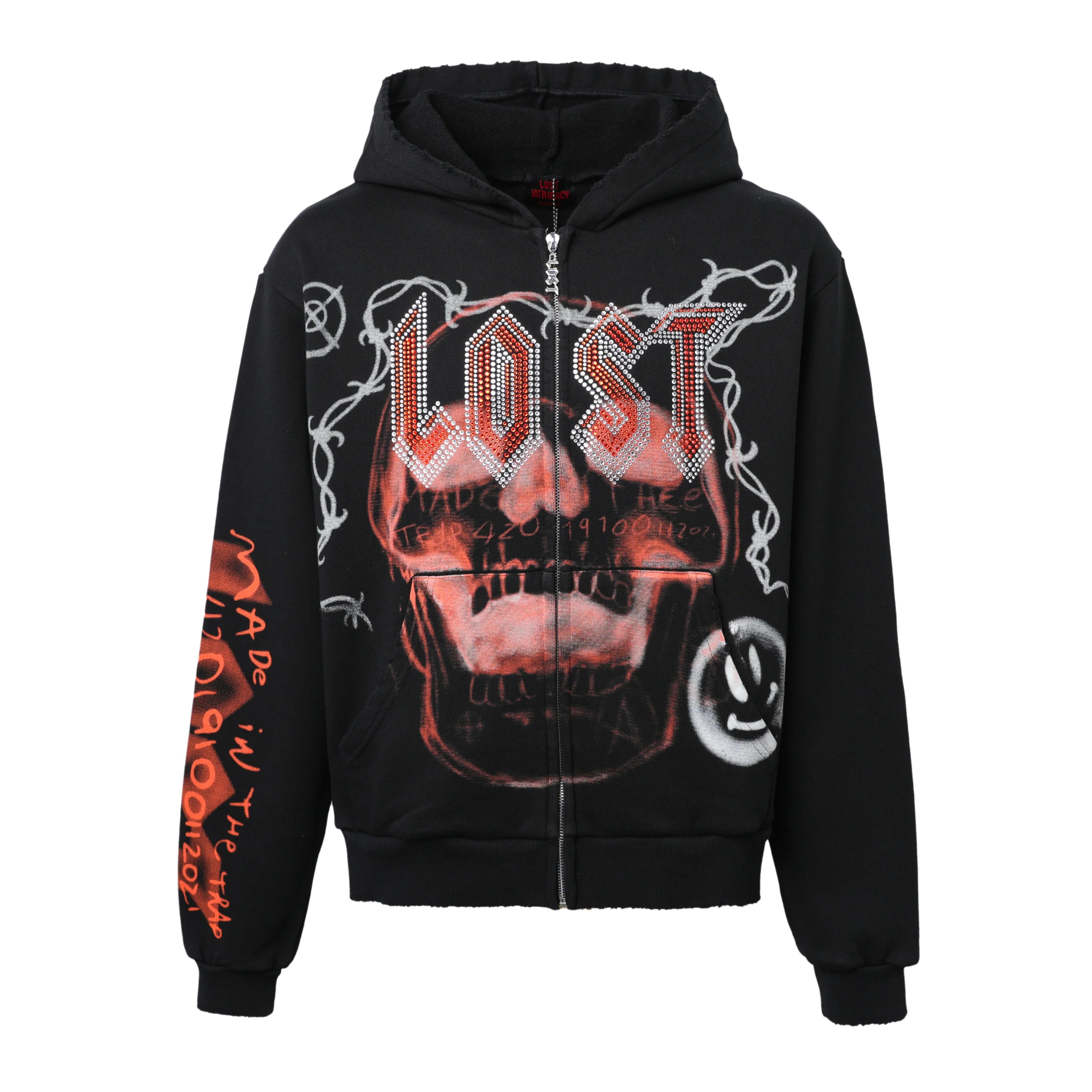 Lost Intricacy 'Skull Bound' Orange Print Black Zip Up Hoodie