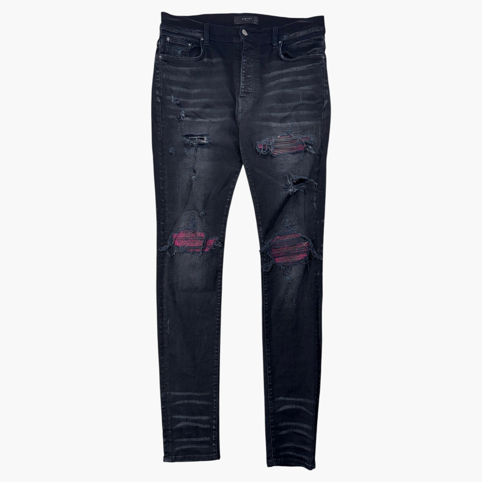 Amiri MX1 Black Wash & Pink Crackle Patch Jeans