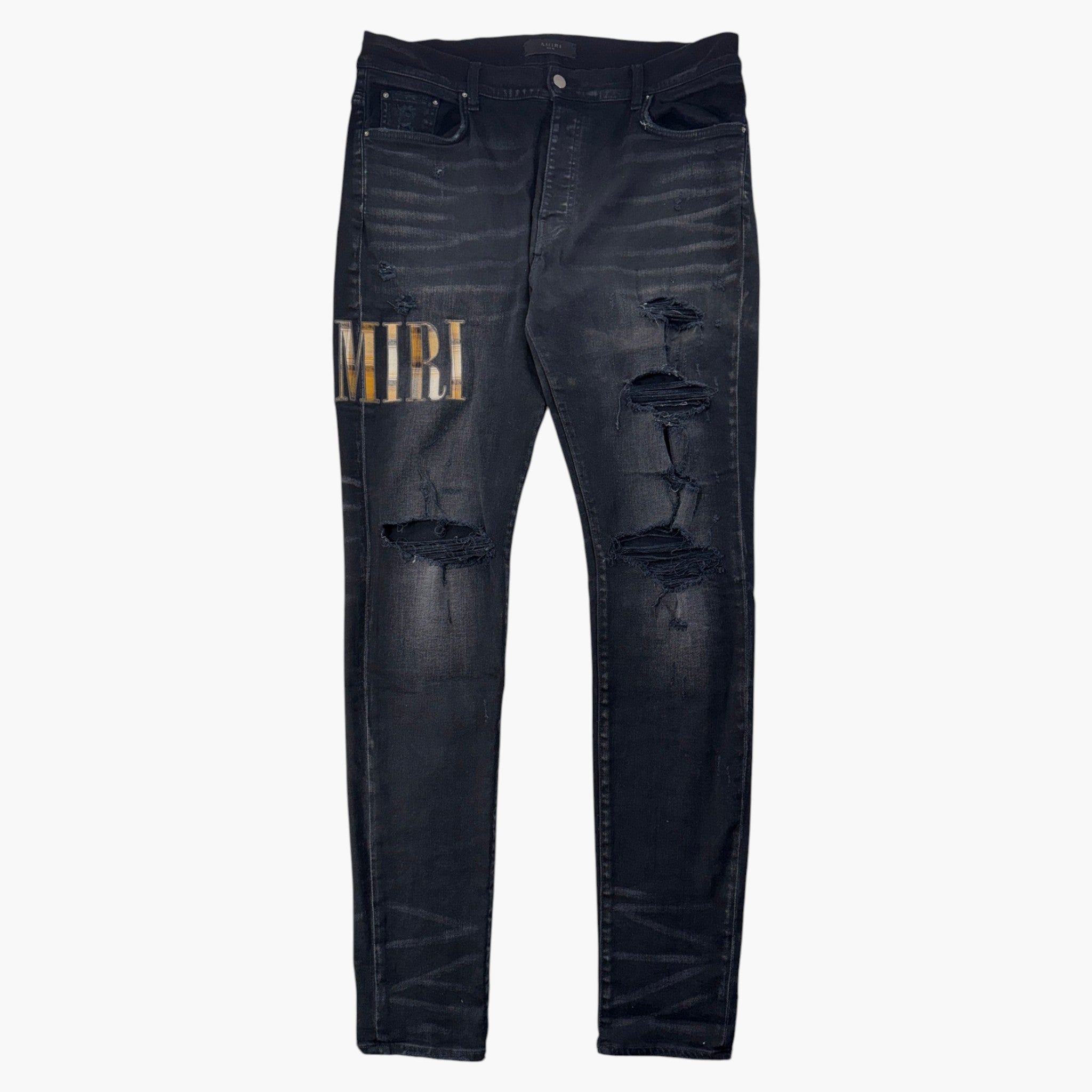 Amiri Black Wash & Yellow Plaid Side Logo Jeans