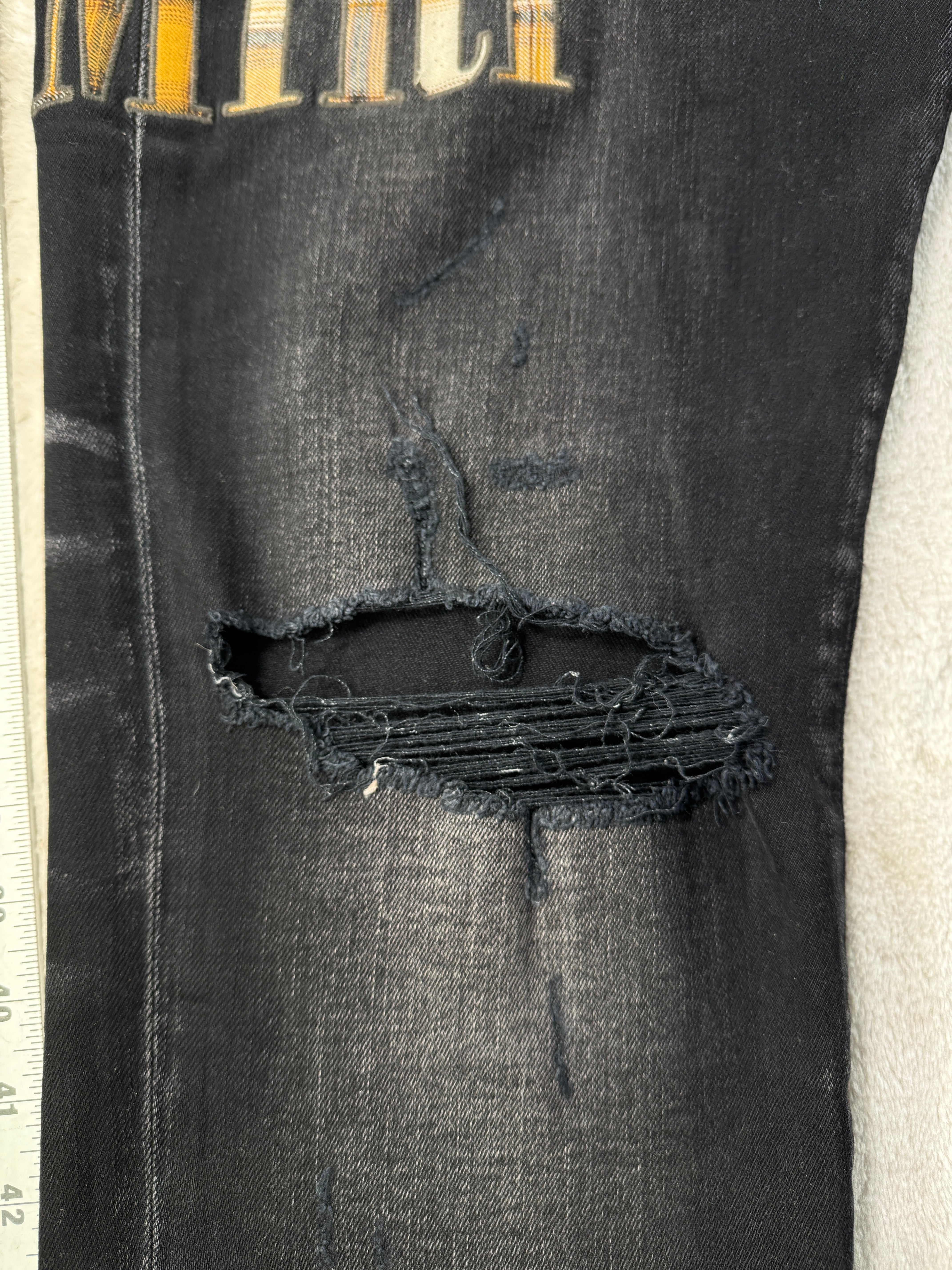 Amiri Black Wash & Yellow Plaid Side Logo Jeans