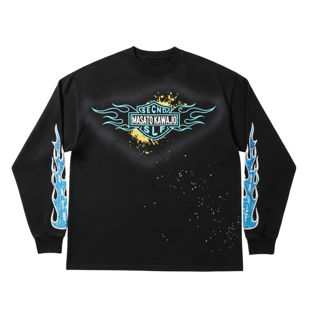 SeCND SLF x Masato Kawajo 'Firestorm' Vintage Black LS Tee