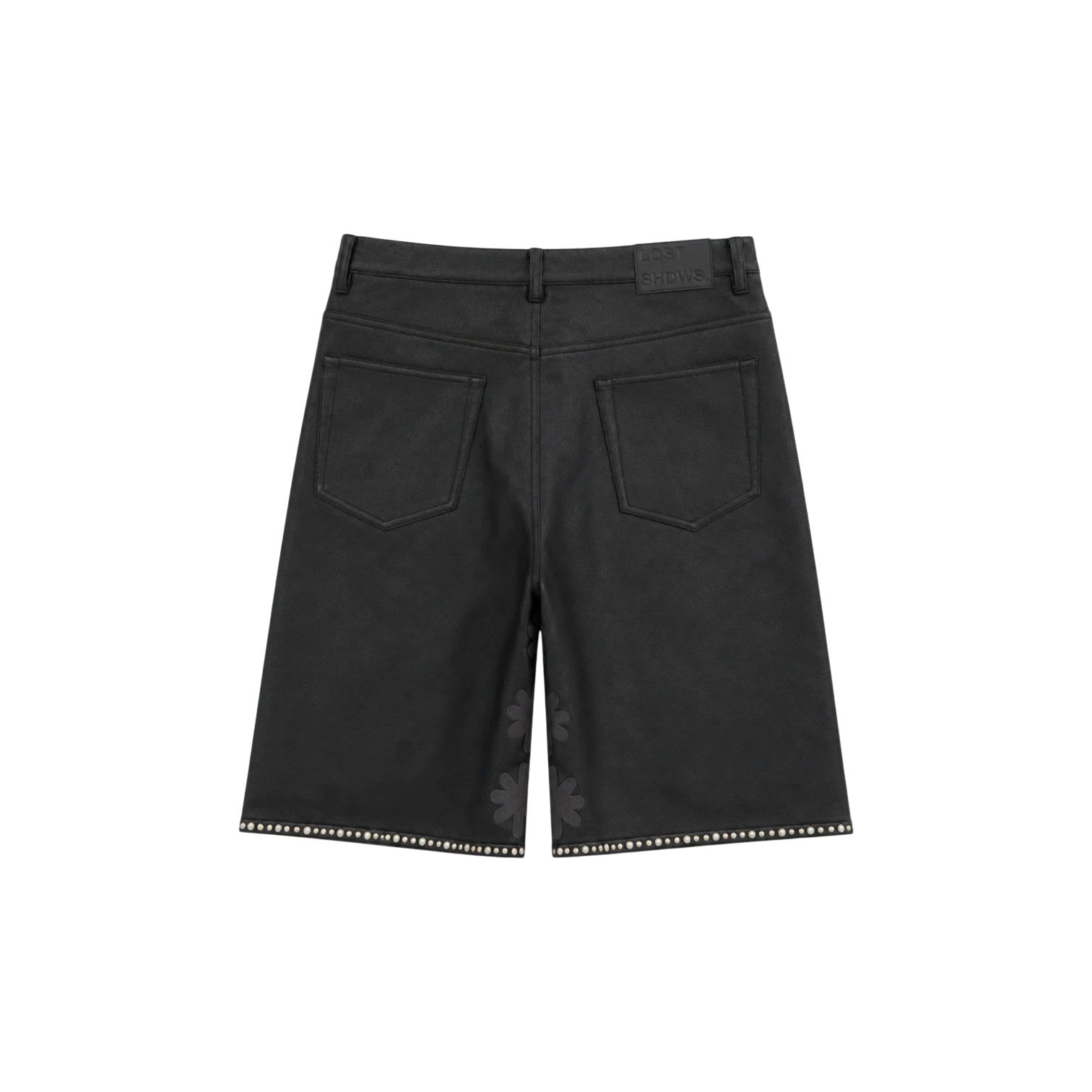 LOST SHDWS 'Embellished Sun Logo' Black Leather Shorts