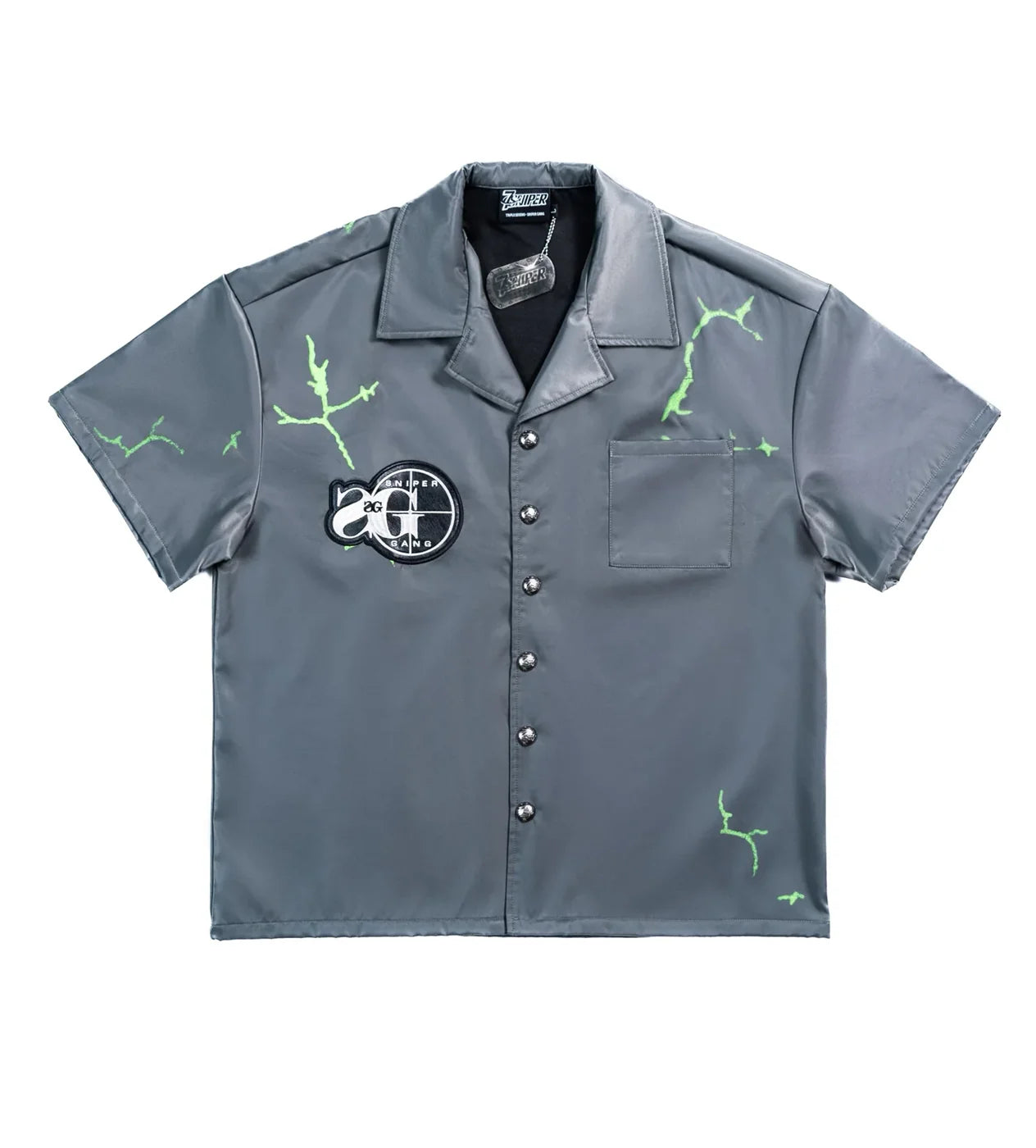 Triple Sevens 7 Grey & Green Nylon Button Up Shirt