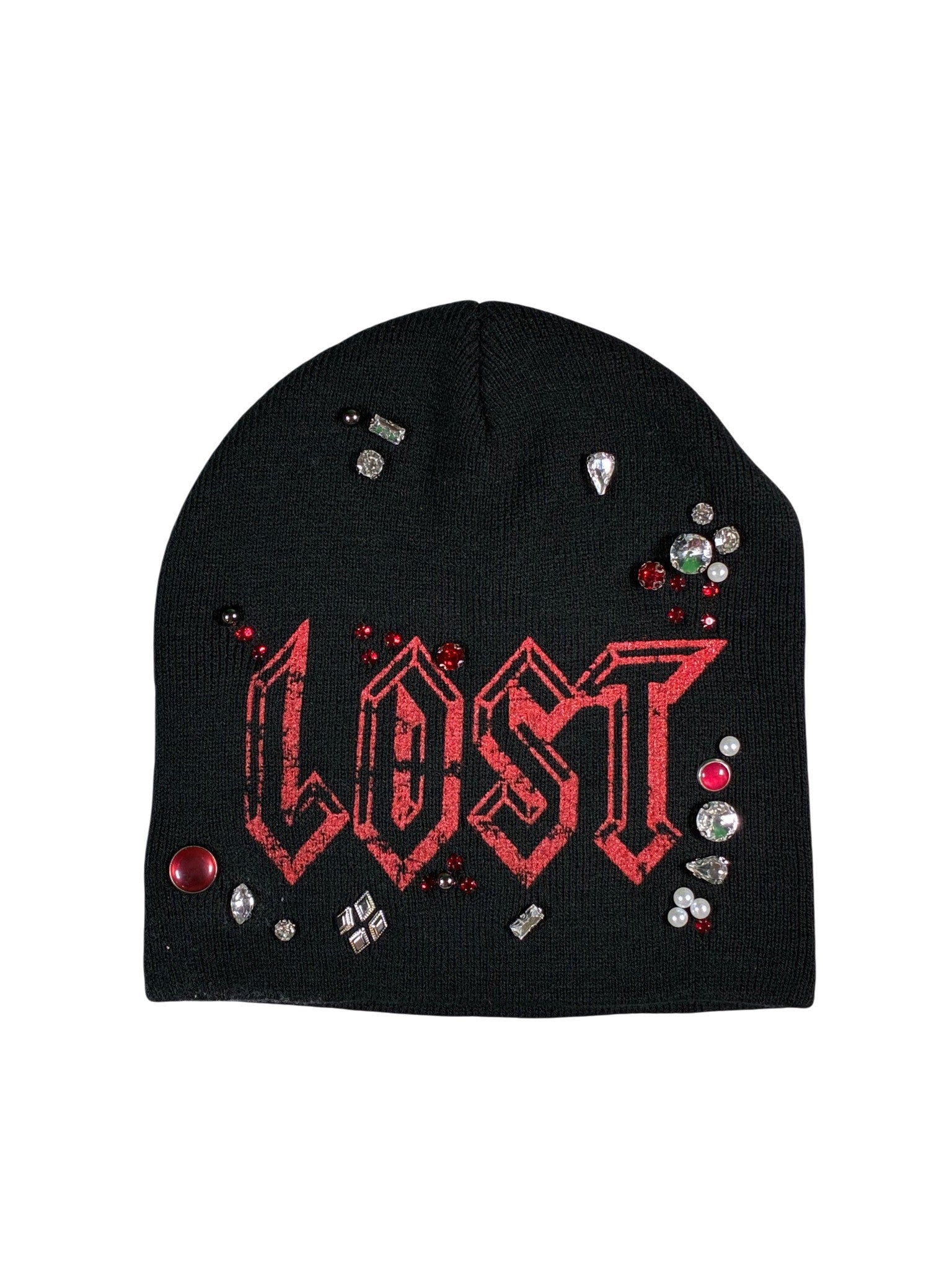 Lost Intricacy 'Clear Rhinestone' Black & Red Beanie